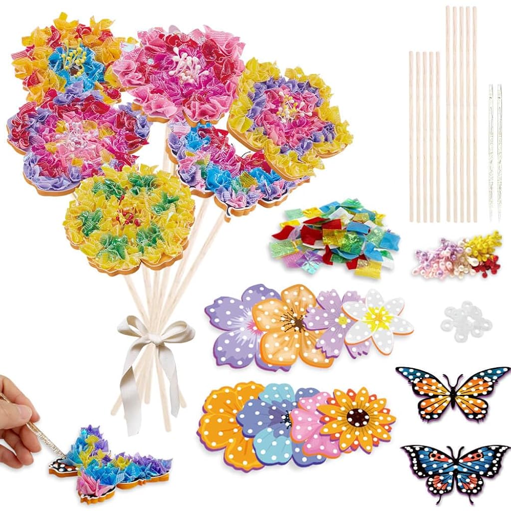PATPAT® Poke in Art Kits for Girls, Creating Flower Bouquet Making Kit Art Kit for Kids 6-12, 800-PCS Multicolor Fabric Craft Set with Stems & Butterflies, Birthday Gift for Girl
