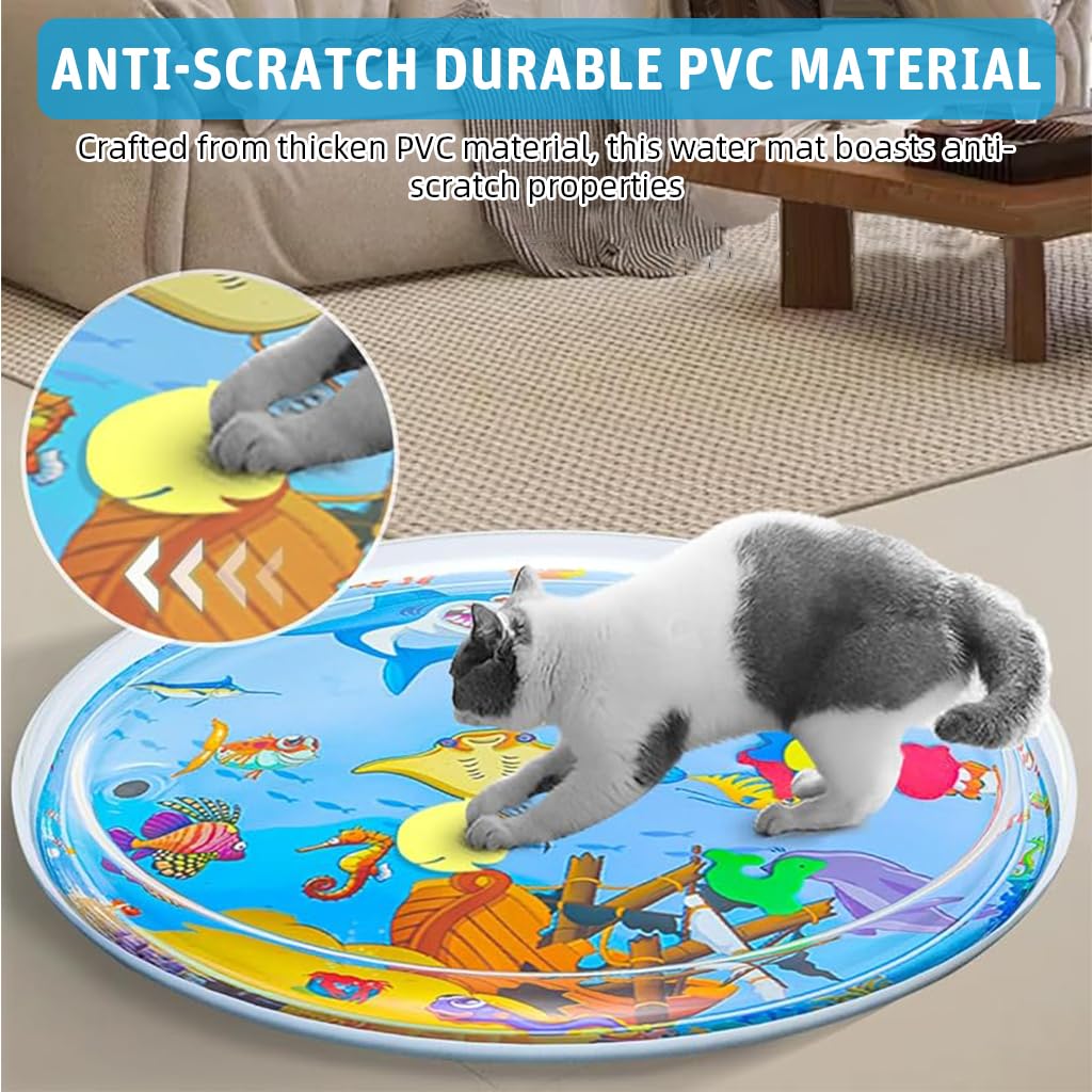 Qpets Cat Water Bed for Summer Cooling with Built in Fish Ornaments and Air Pump | 39.37 in Thicken PVC Mat