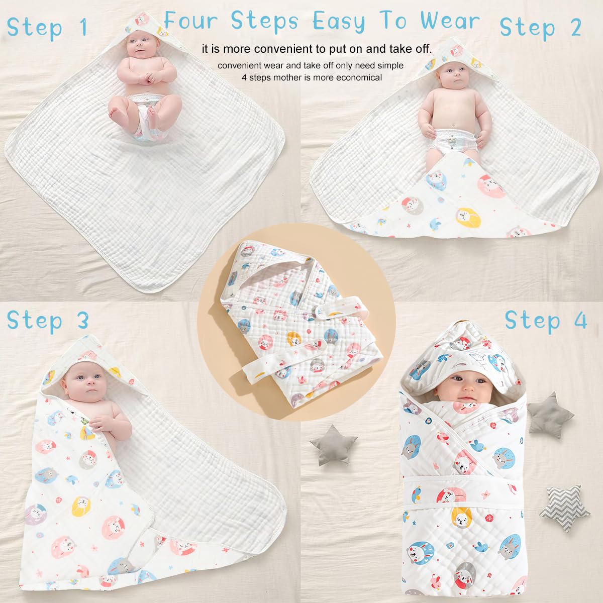 SNOWIE SOFT Muslin Towel for Newborn Bath Time with Adorable Cartoon Design 90x90cm | Ultra Soft Cotton Swaddle for Boys and Girls