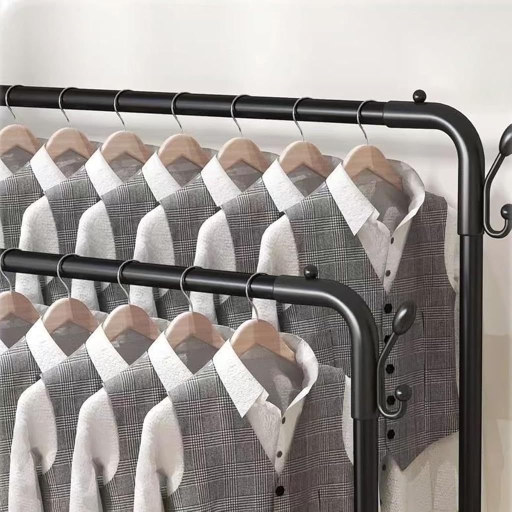 HASTHIP Garment Organizer Rack Moving Floor Clothes Rack Garment Rack with Wheel Double Layer Metal Clothes Organizer Rack with Utiliy Shoe Rack Multi Purpose Open Garment Organizer Rack