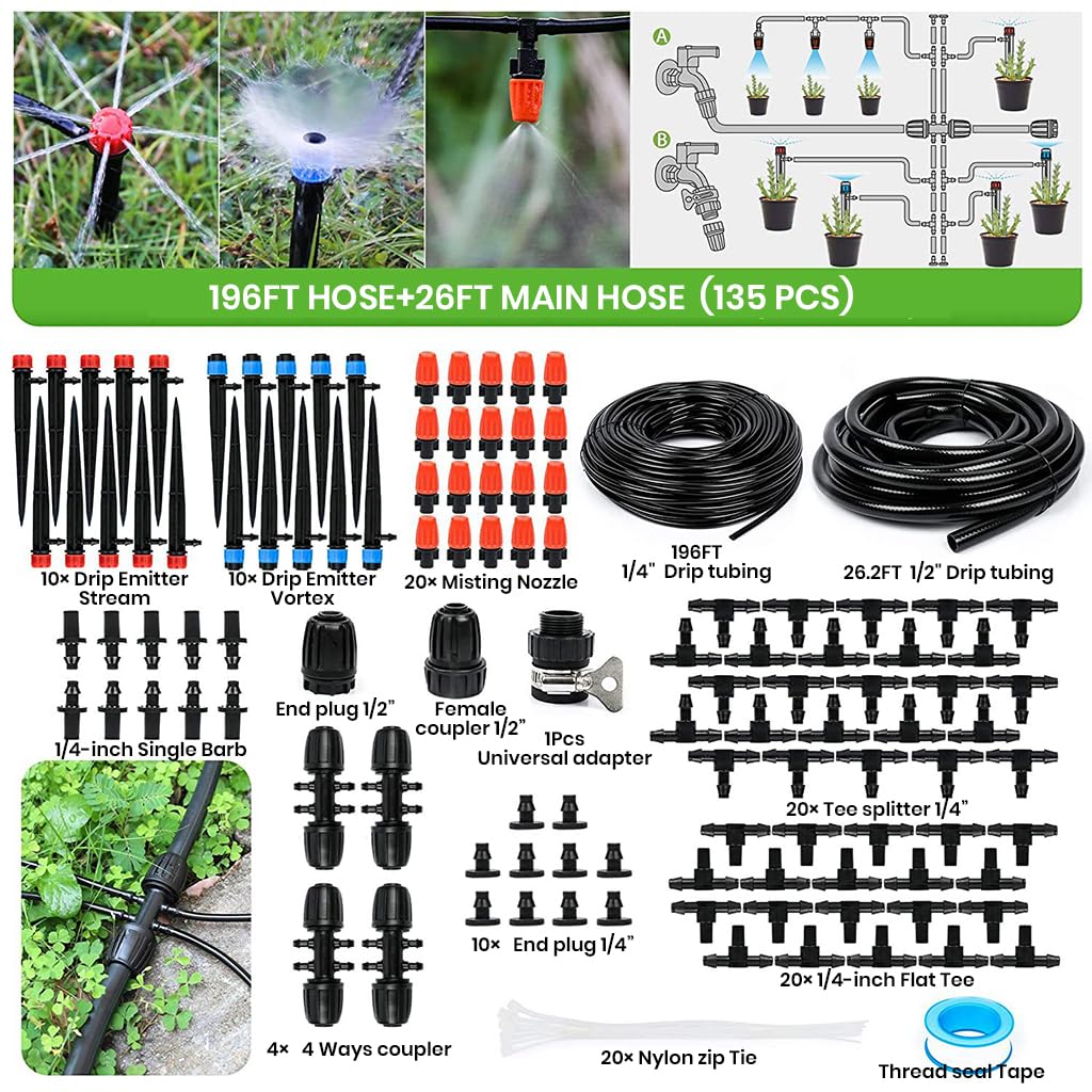 HASTHIP Slow Irrigation System Kit with 196ft and 26ft Hoses featuring 3 Sprinkler Types | Complete Drip Accessories