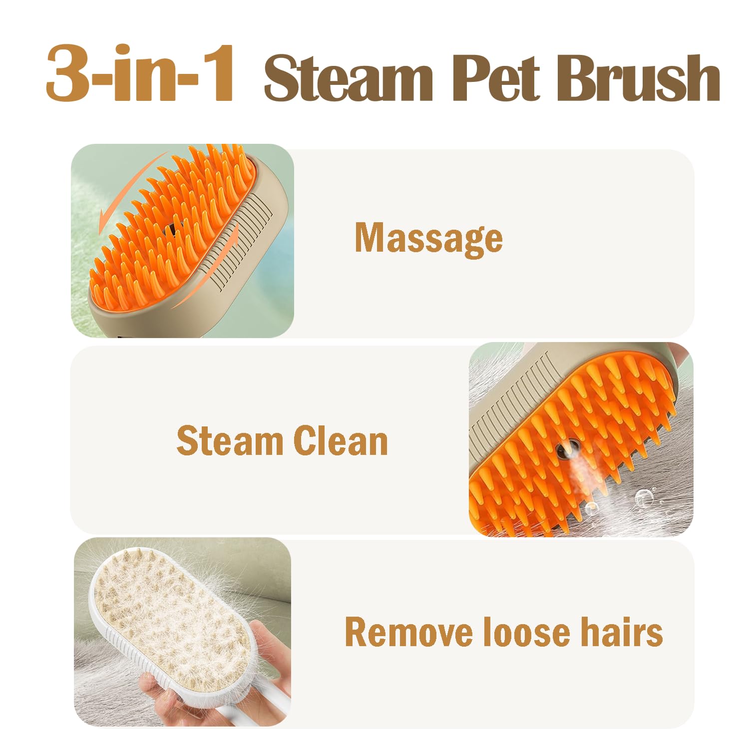 Qpets Electric Pet Steam Hair Brush for Bath‑Free Grooming with USB Recharge and Swivel Handle