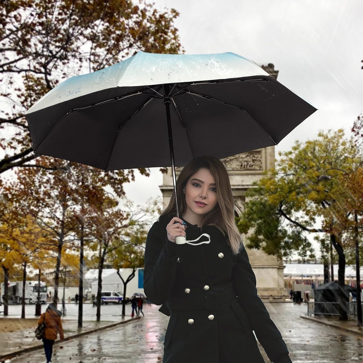 PALAY Automatic Folding Umbrella for Travel and Daily Use with 8 Fiber Ribs and UPF 50 Protection | Azure Blue Ultra Lightweight Design