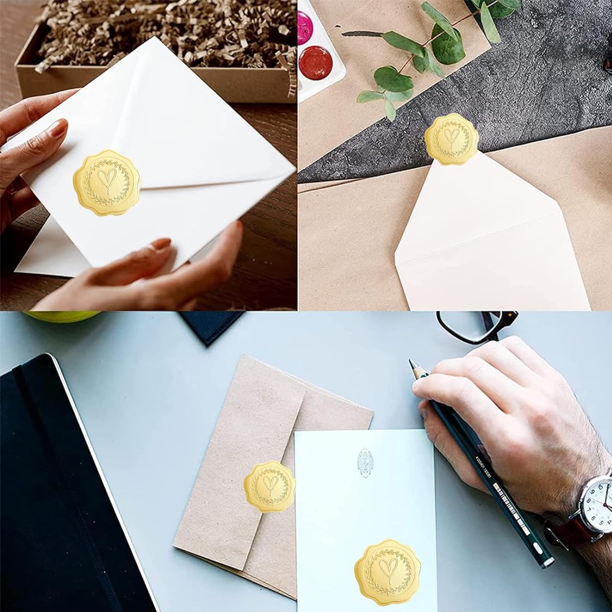 Venzina Envelope Wax Seal Stickers for Wedding Invitations featuring Heart Embossed Gold Design 250 pcs