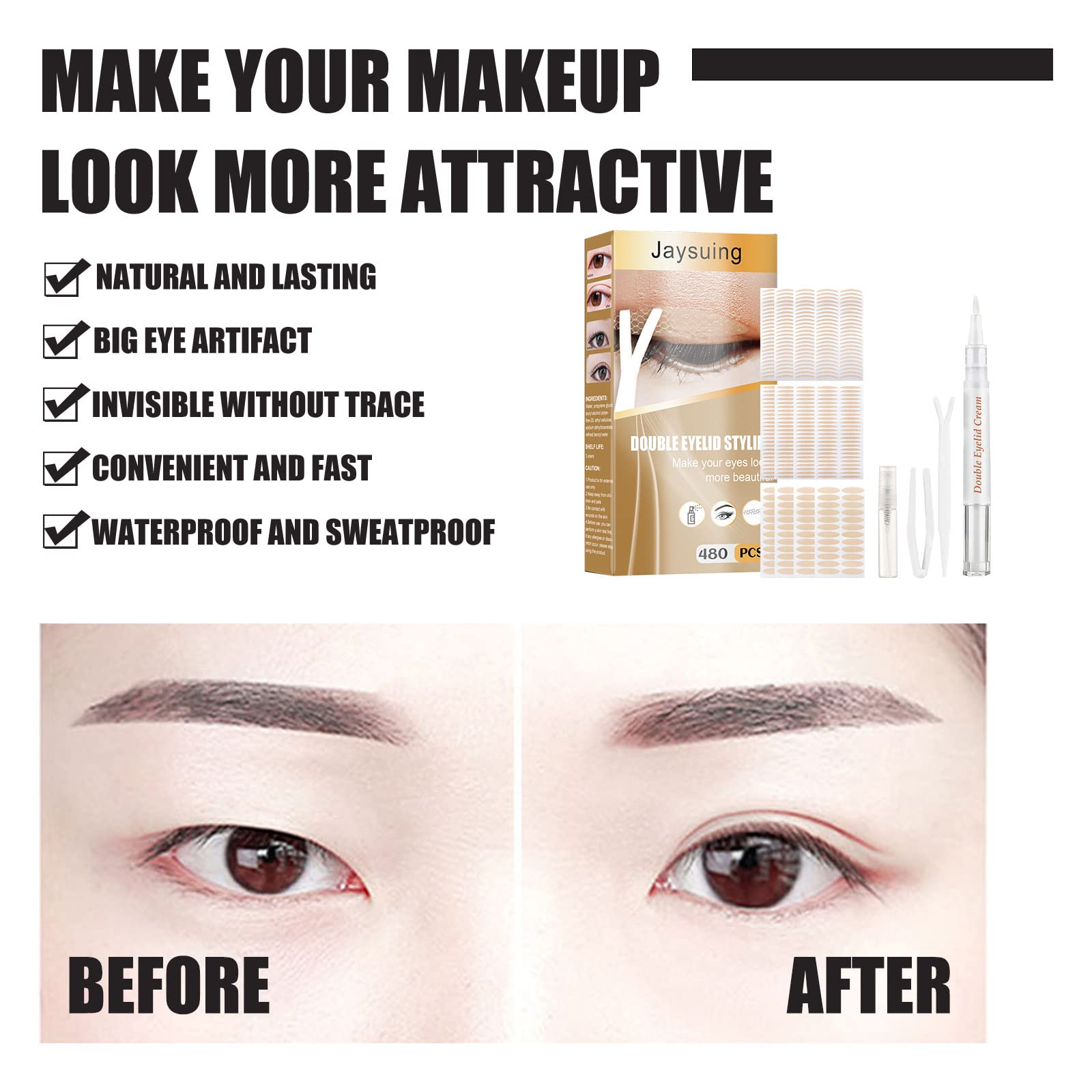 MAYCREATE Double Eyelid Tape for Natural Invisible Lift with 480 pcs Strips and Tools Set