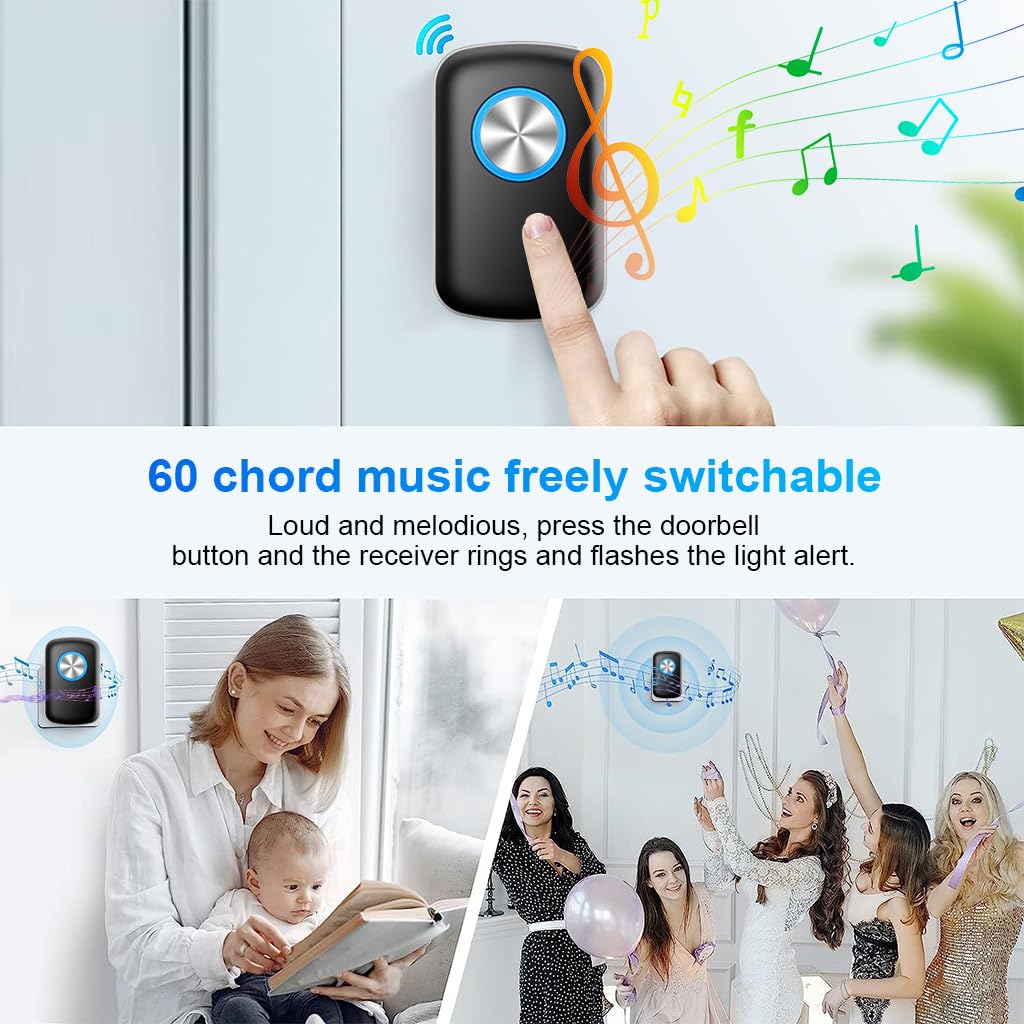 Supvox Wireless Doorbell Kit, LED Flash Door Bell for Home Office, Self-Powered Doorbell Transmitter, 492ft Application Range, 60 Ringtone Switchable, Clear and Loud Sound, 5 Volume Level Adjustable