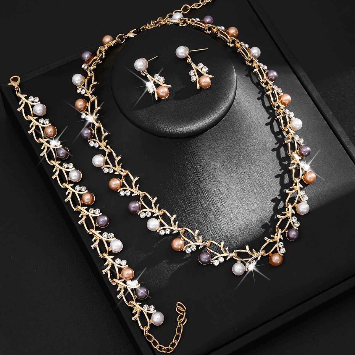 SANNIDHI Jewelry Set for Women with Pearl and Rhinestone Details | Necklace Bracelet & Earrings for Wedding and Party