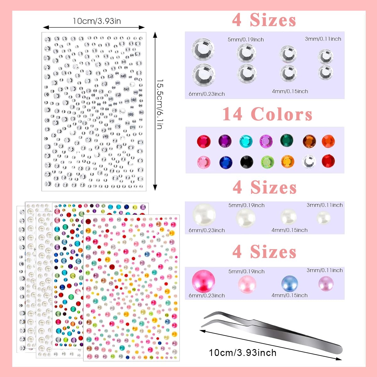 MAYCREATE® 6 Sheets Face Gems Rhinestones Pearl Stickers with Tweezer, Self Adhesive Face Jewels Sticker, Glitter Color Festival Hair Gems for Makeup, DIY Crafts, Nail Art, Scrapbooking