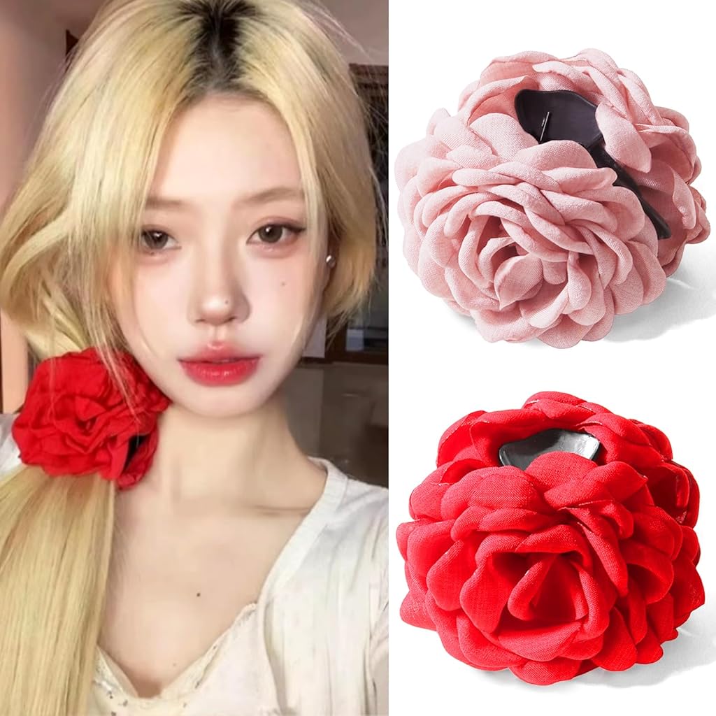 SANNIDHI® 2Pcs Hair Claw Clips Rose Flower Claws Clips for Women 3.5 Inches Pink & Red Flower Claws Clips Summer Hawaii Fashion Hair Clip Flower Hair Clips Women Hair Accessories