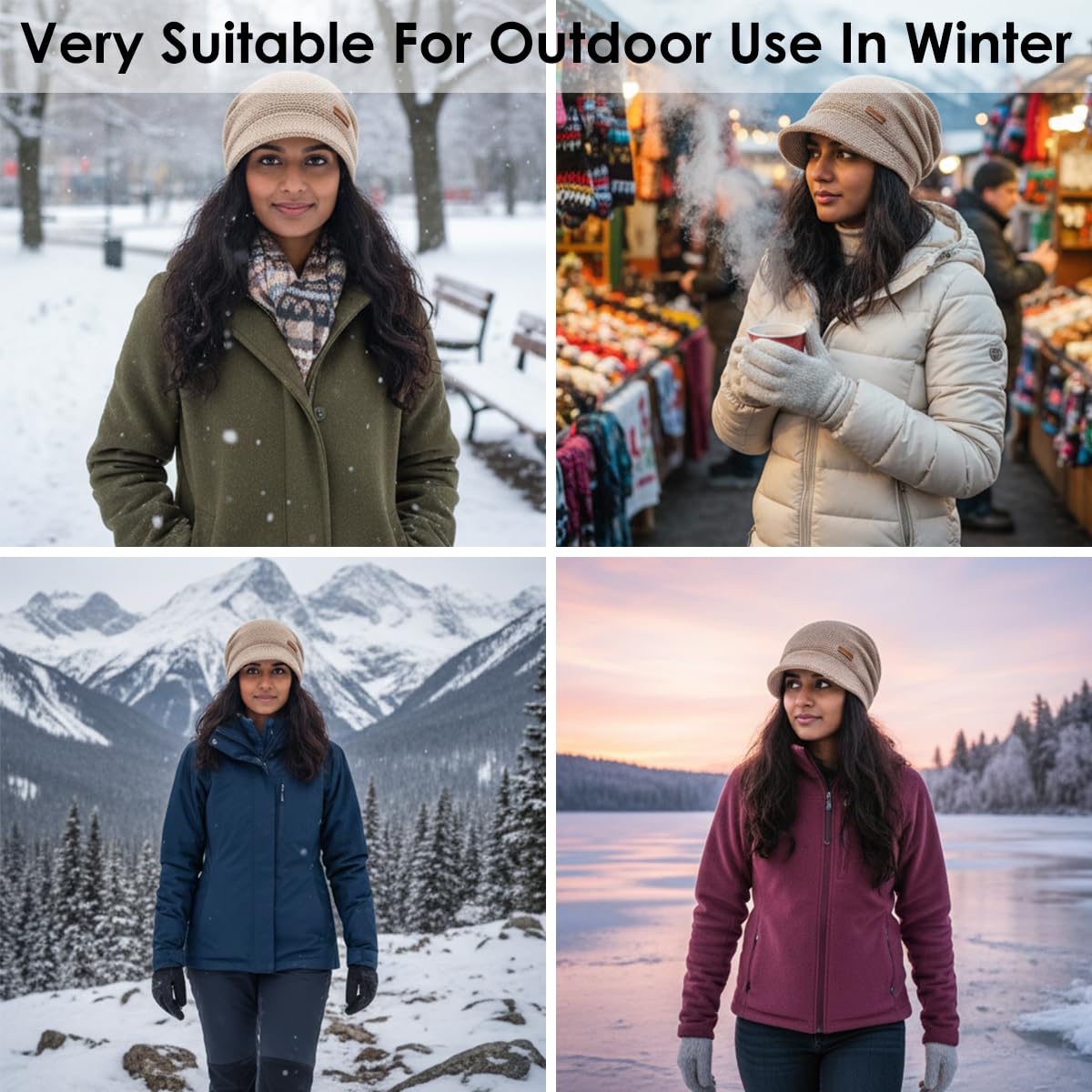 SANNIDHI Winter Cap for Women featuring Plush Lined Knit Fabric and Short Brim | Khaki Slouchy Beanie for Cold Weather