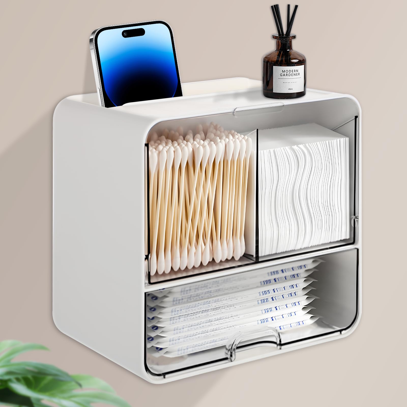 HASTHIP® Wall Restroom Organizer Cotton Swabs Storage Dispenser 3-Compartment Makeup Accessories Storage Case for Cotton Swabs, Makeup Pads, Sanitary Pads & More