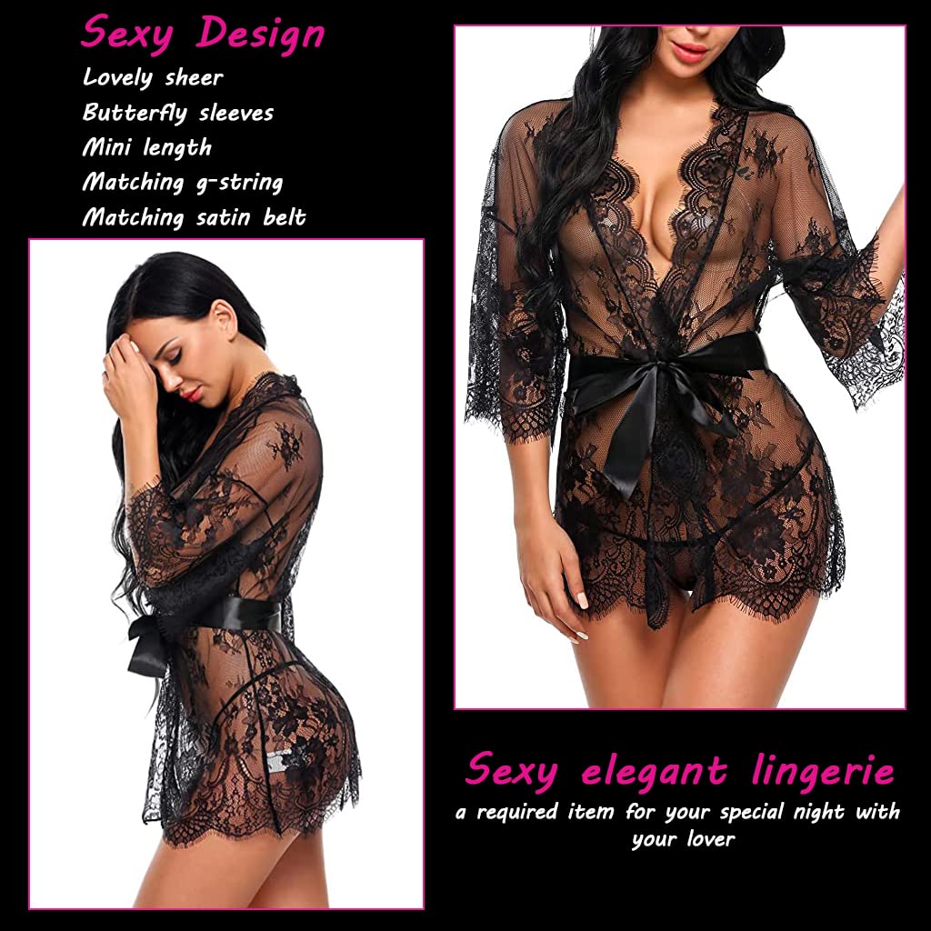 Zibuyu Babydoll Lingerie Set with Transparent Spandex Lace Dress and Panty for Women