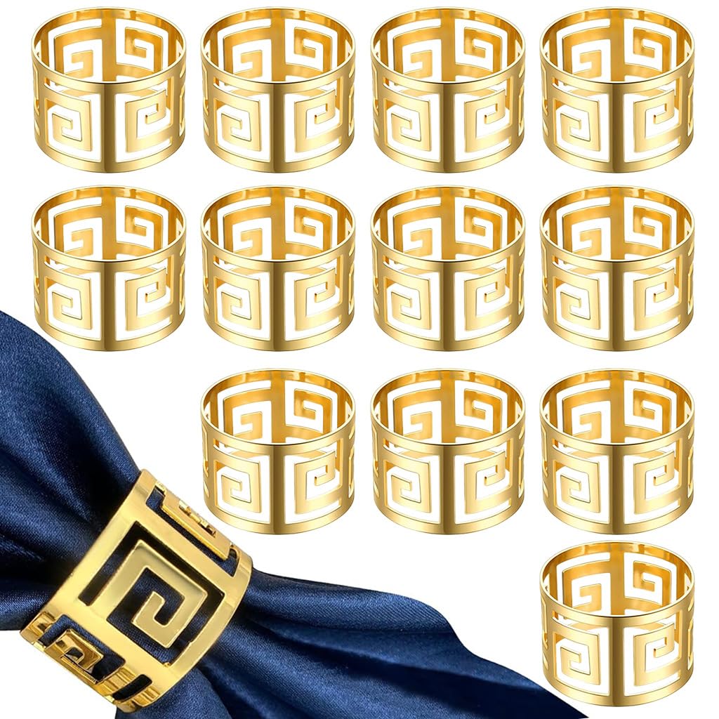 HASTHIP Napkin Ring Set for Wedding and Holiday Table Settings with Hollow Cut Design 12pcs 1.77x1.18in Gold