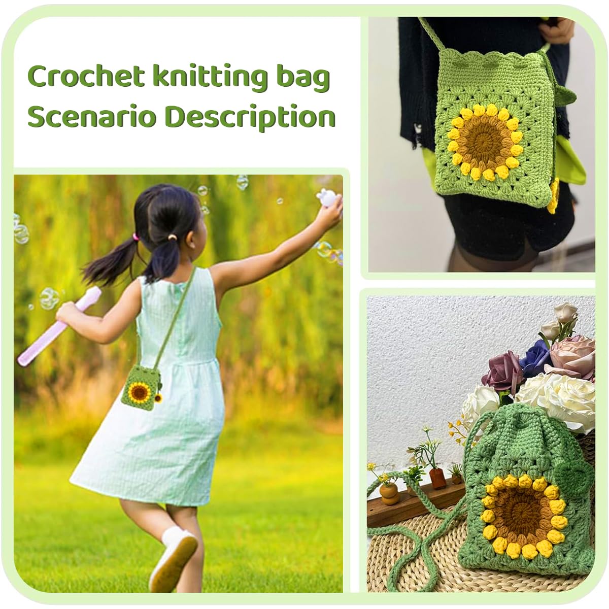 PATPAT DIY Crochet Phone Bag Material Kit for Beginners with Sunflower Pattern and Yarn Tutorial | Light Green Sling Craft Gift Set