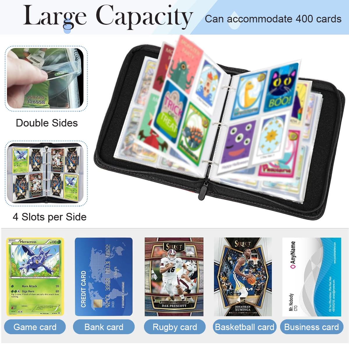 PATPAT Trading Card Binder for 400 Cards with Zipper Closure and PU Waterproof Cover | Black Kids Organizer