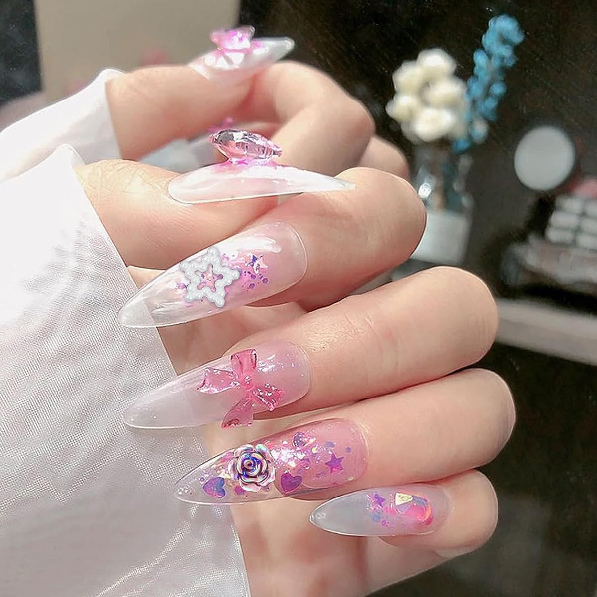 MAYCREATE 3D Mix Flower Nail Charms for DIY Manicure with Acrylic Rhinestones and Pearls | Purple