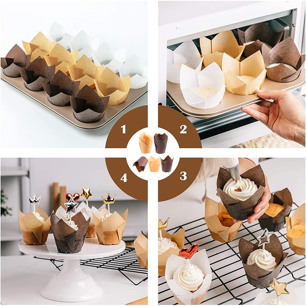 Supvox® 100Pcs Cupcake Liner, 5cm Diameter Tulip Cupcake Paper Cups, Food Grade Greaseproof Paper Baking Cups Muffin Liners Holders for Baking Weddings, Birthdays, Baby Showers, Brown & Beige