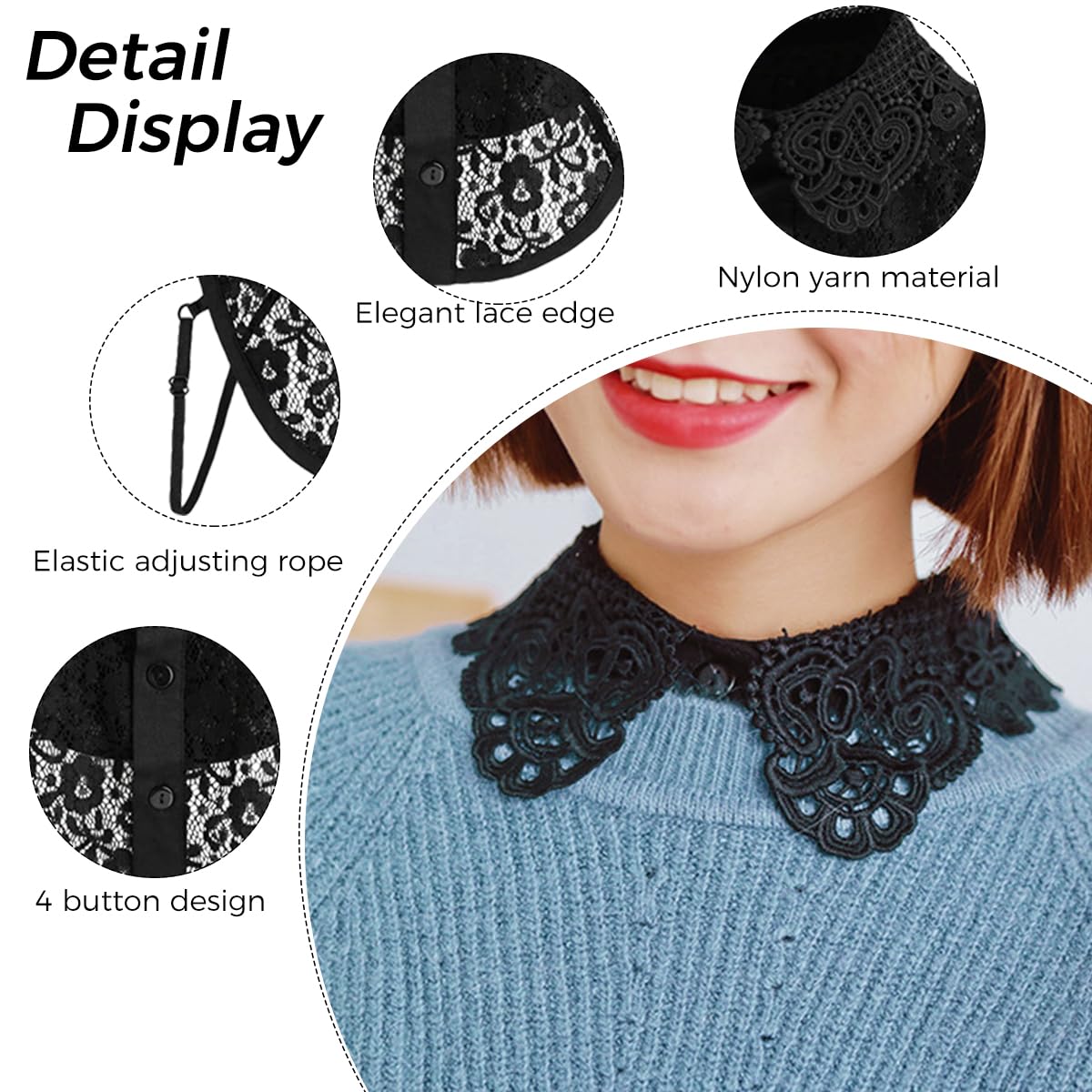 PALAY Lace Fake Collar for Women featuring 4 Button Design and Nylon Yarn Material | Elegant Black Detachable Half Shirt Dickey