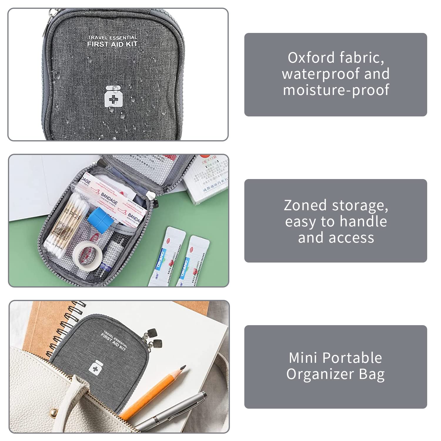 PALAY First Aid Pouch Set for Home Travel and Car with Dual Head Zipper | 600D Oxford Cloth Grey