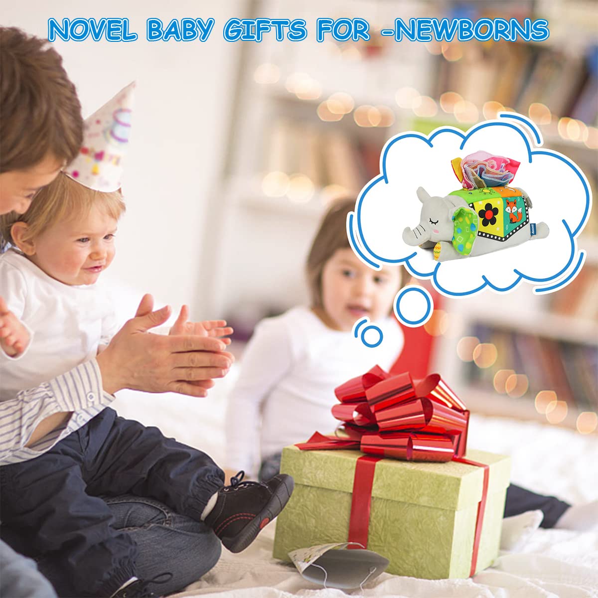 SNOWIE SOFT Sensory Montessori Tissue Box Toy with 8 Color Cloths for Toddlers | Elephant Plush