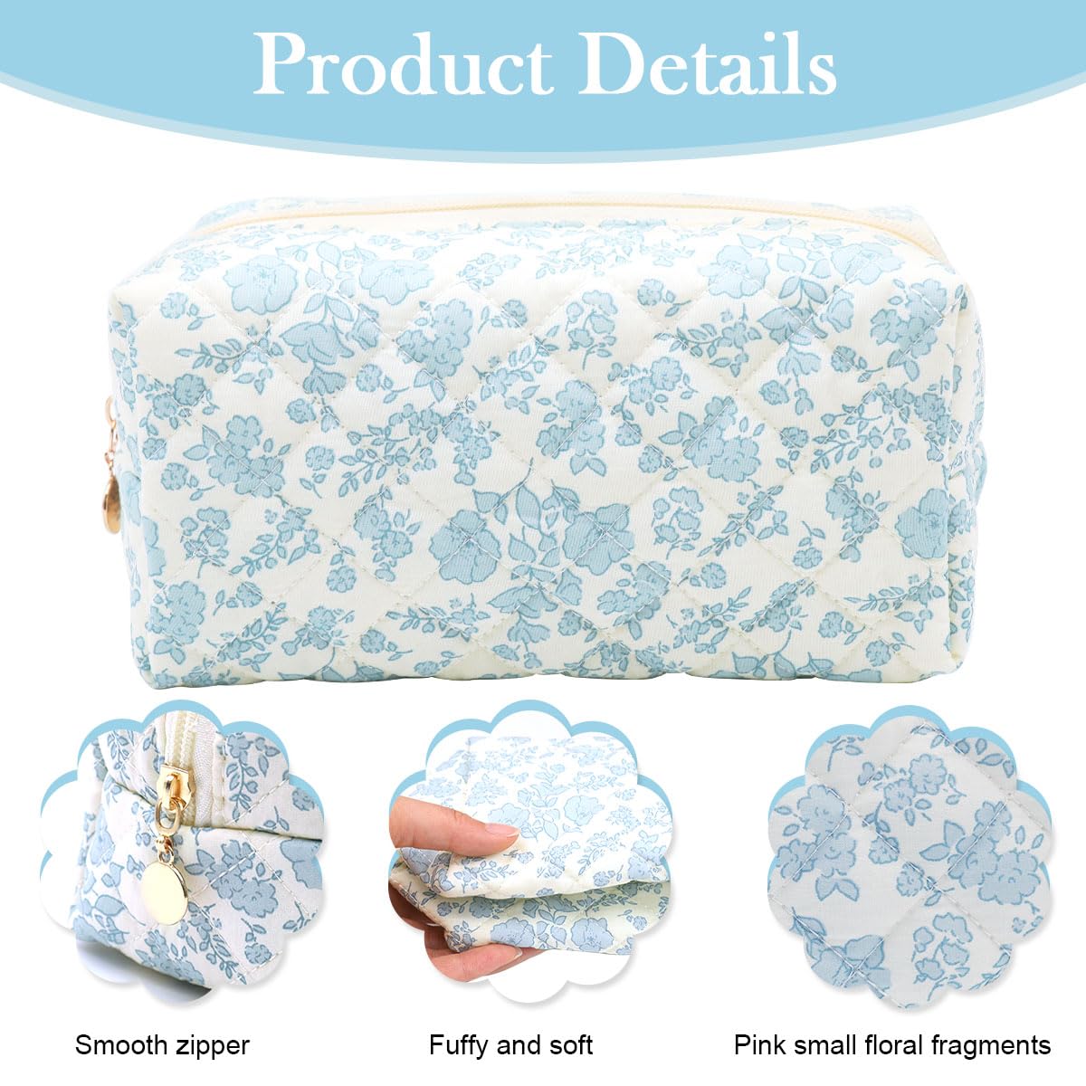 MAYCREATE Makeup Bag for Travel and Daily Use with Soft Zipper Blue Floral Design 20.5x9x9.5cm | 2 Pcs