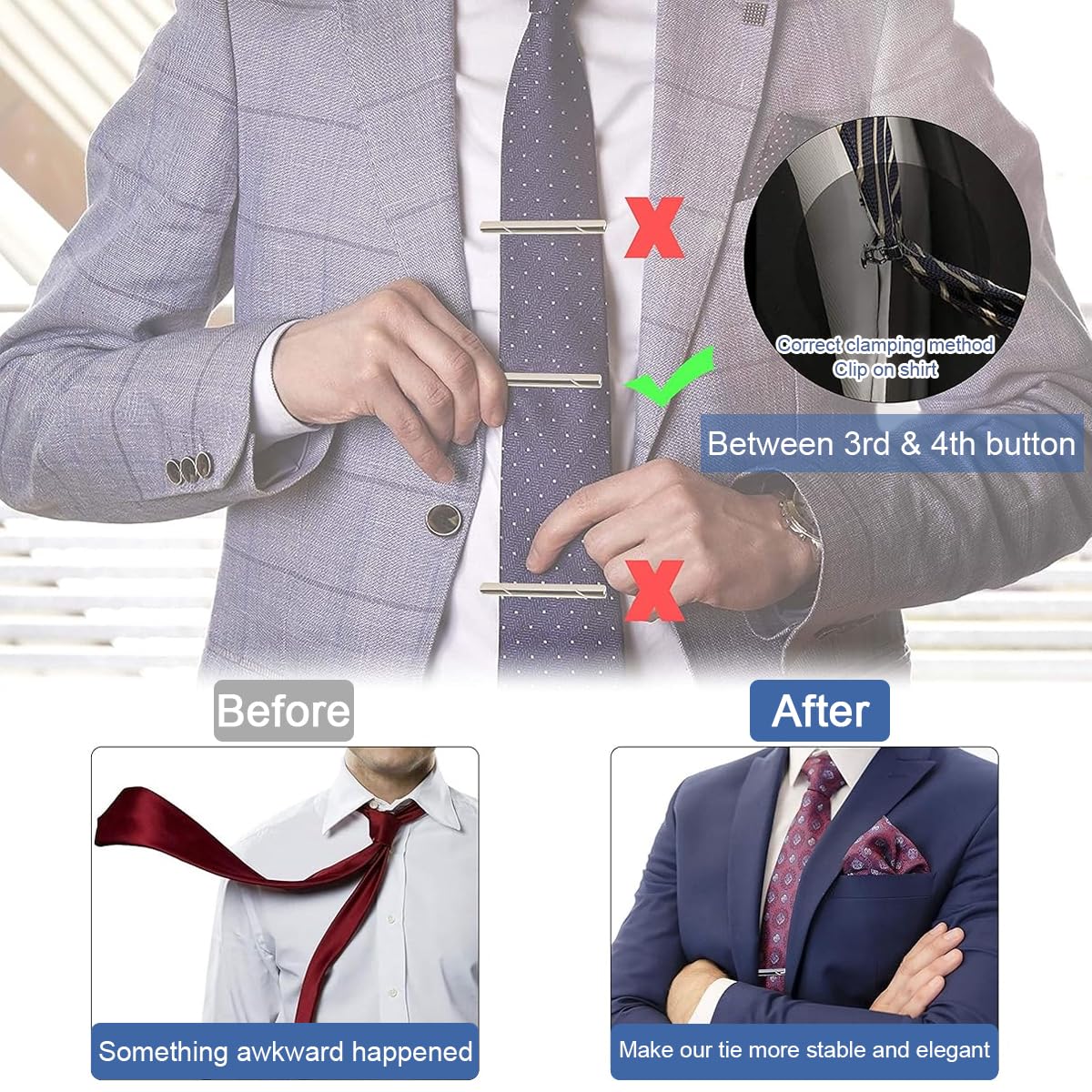Venzina Tie Clip Set for Men with 4 Metal Clasps in Blue Black Gold and Silver | Gift Box