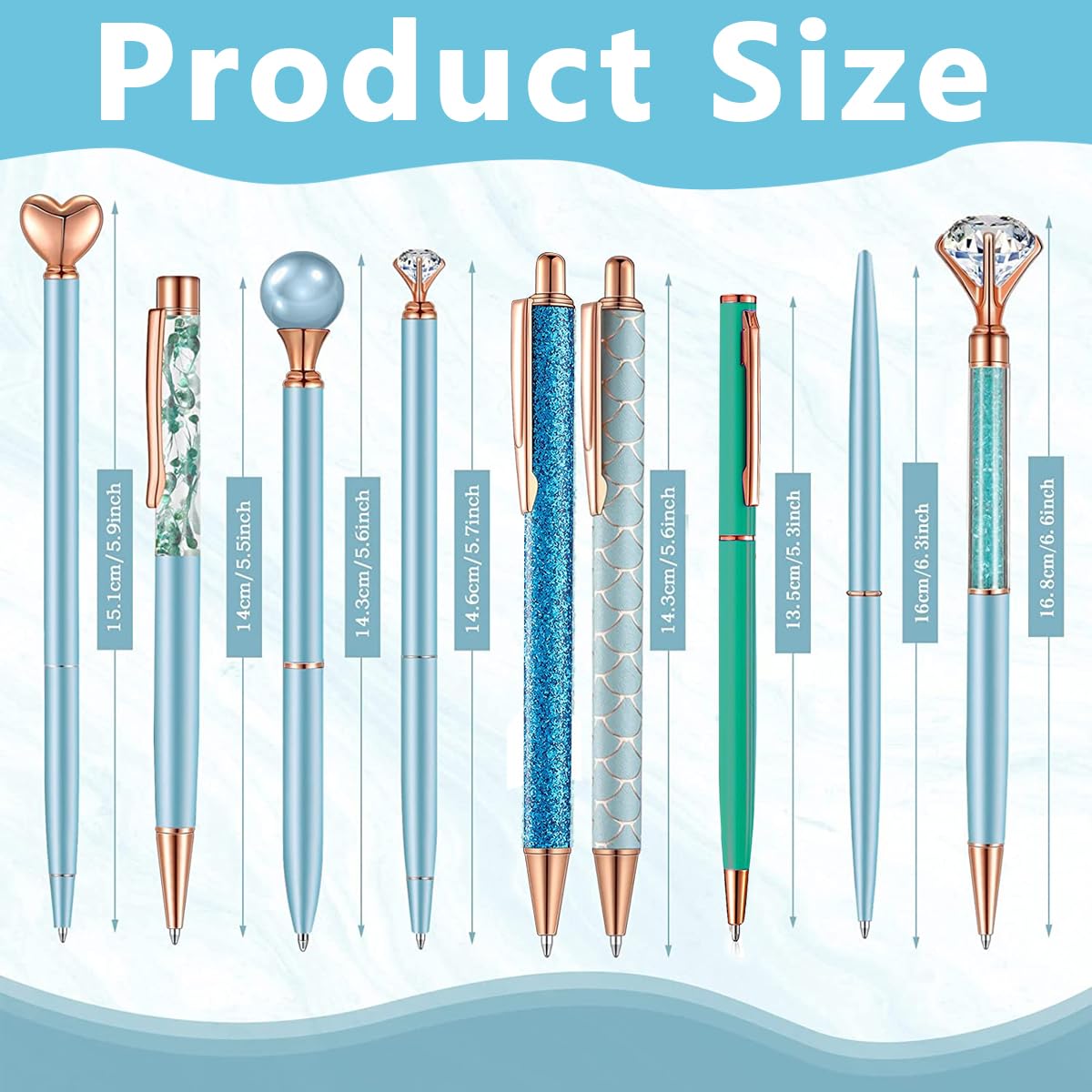Climberty Ballpoint Pens Set for Journaling with 9 Designs and Crystal Glitter | Blue Metal Gifts for Women
