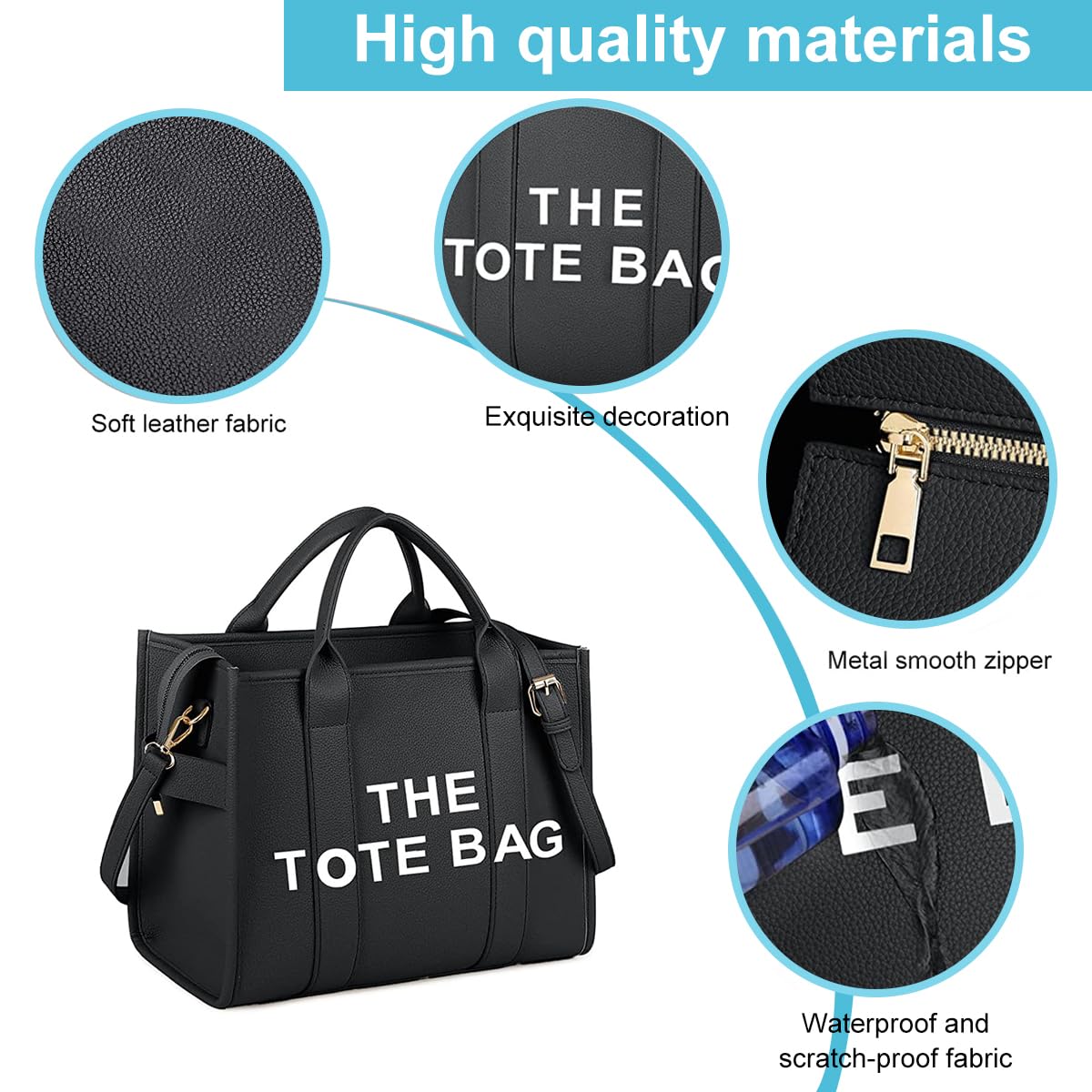 PALAY Tote Bag for Women with Adjustable and Detachable Strap 27.5×10.5×22cm Black | Large Capacity PU Leather Handbag for Office and Daily Use