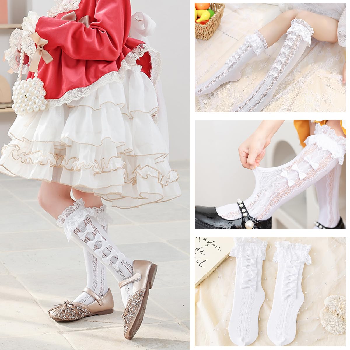 PALAY Lace Topped Calf Length Socks for Girls with Bows and Breathable Trim | 2 PCS