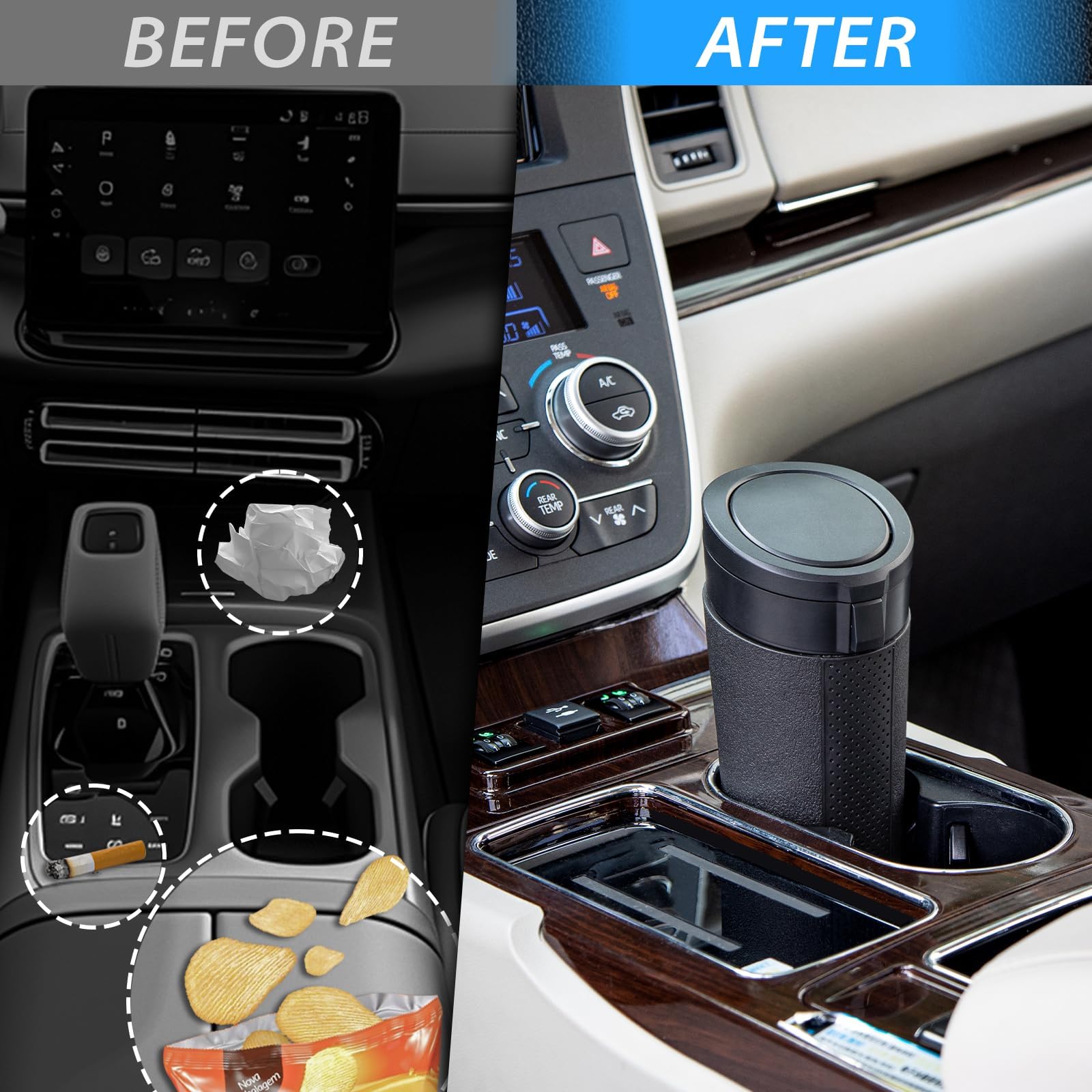 STHIRA Car Trash Can for Cup Holder with 8.8x8.4x18.5cm Size and 2-in-1 Flip Top Lid | Waterproof ABS Bin