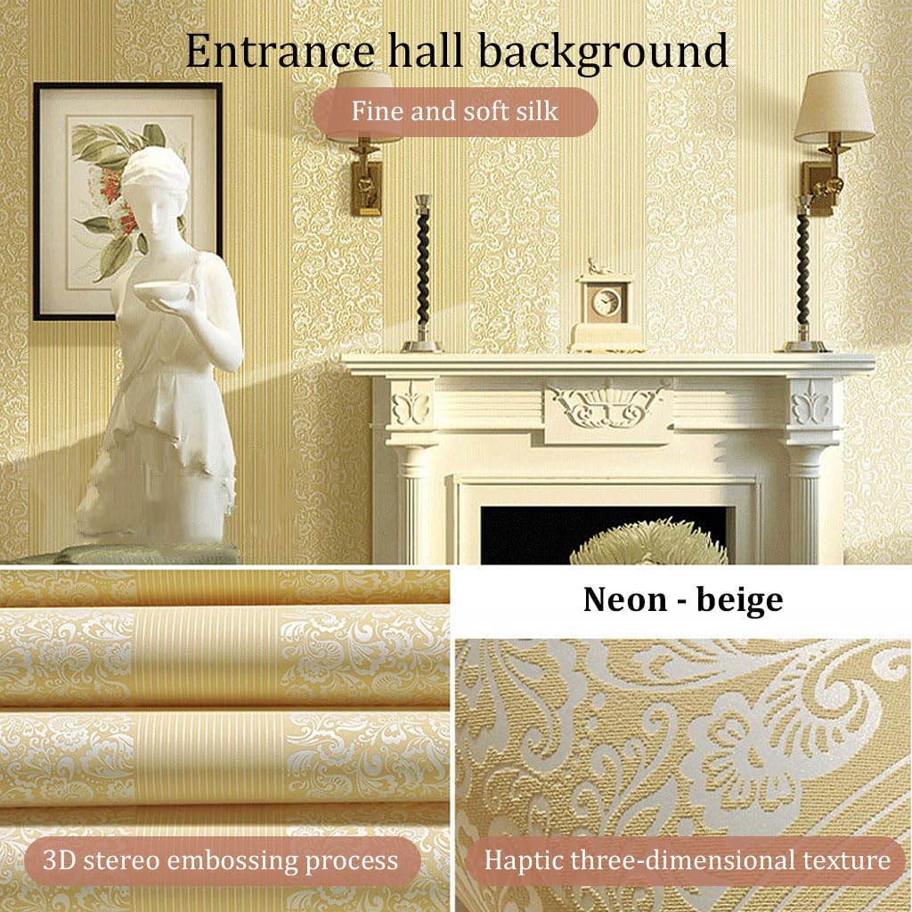 HASTHIP 3D Embossed Damask Wallpaper for Bedroom and Living Room featuring Non‑Woven Fabric 1.73ft x 31ft | Easy to Cut and Remove