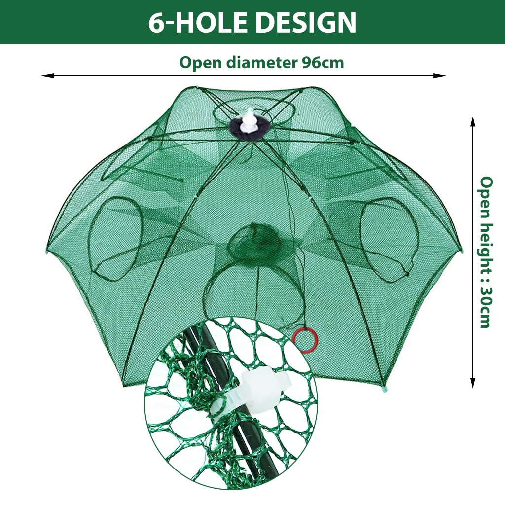 Proberos Foldable Fishing Net Trap for Crab and Shrimp with 6 Sides 6 Holes 95cm Diameter | Automatic Folding Nylon Mesh Cage