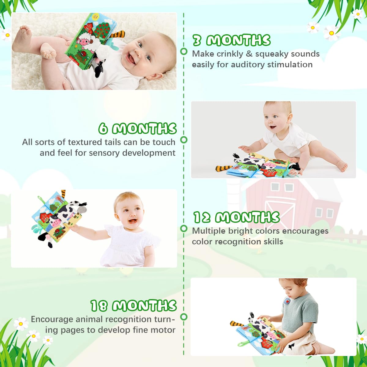 SNOWIE SOFT Farm Theme Cloth Books for Babies with 12 Textured Animal Tails | BPA-Free Sensory Toy