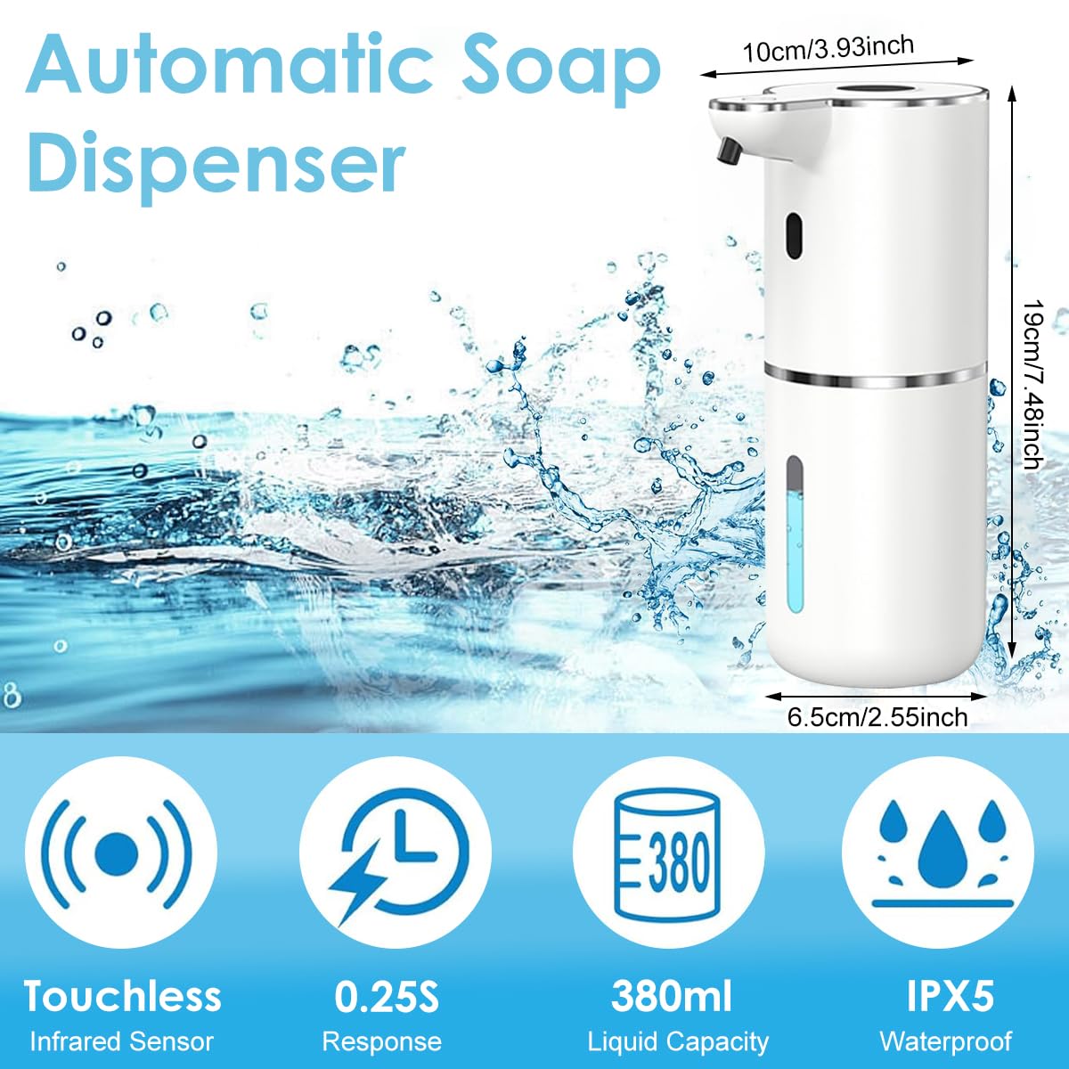 Supvox Automatic Soap Dispenser 380ml for Bathroom and Kitchen with 6 Modes USB Rechargeable Sensor | IPX5 Waterproof Touchless Foam Design