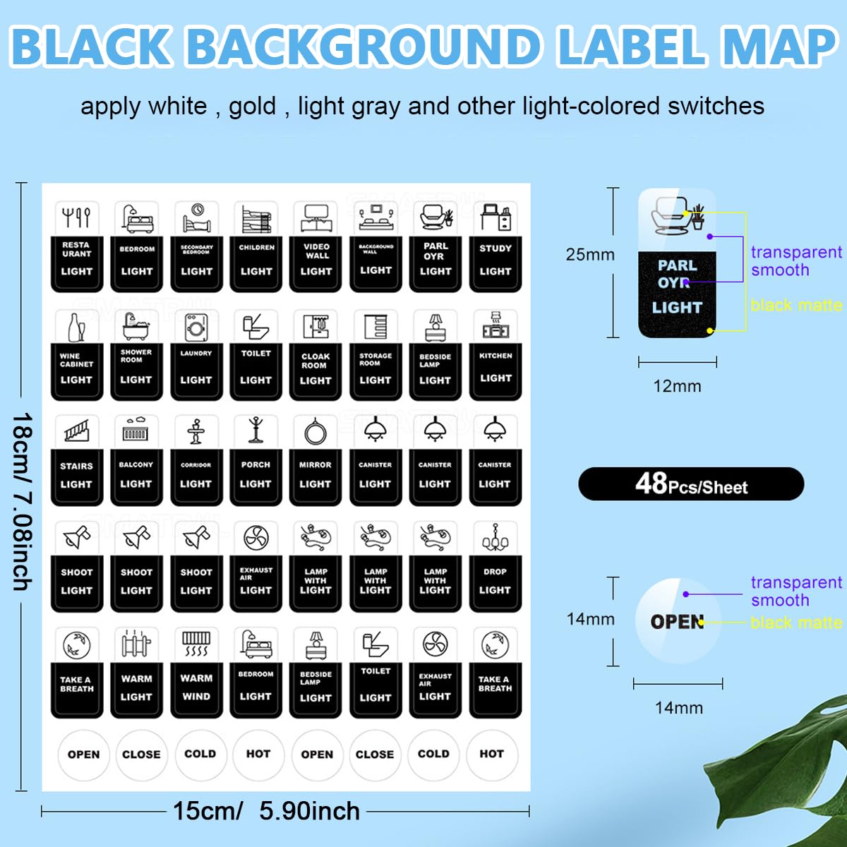 Venzina Switch Label Stickers for Home and Kitchen with 48 Pcs Waterproof Vinyl | Black Rectangular Design