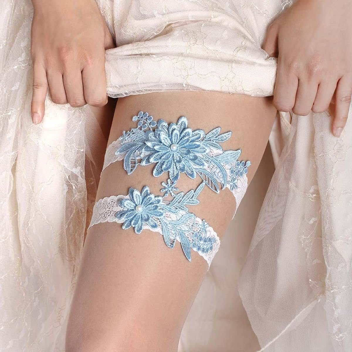 PALAY Lace Wedding Garter Set for Bride with Daisy Floral Applique and Pearl Center | 2pcs Adjustable 40–60cm Stretch Lace
