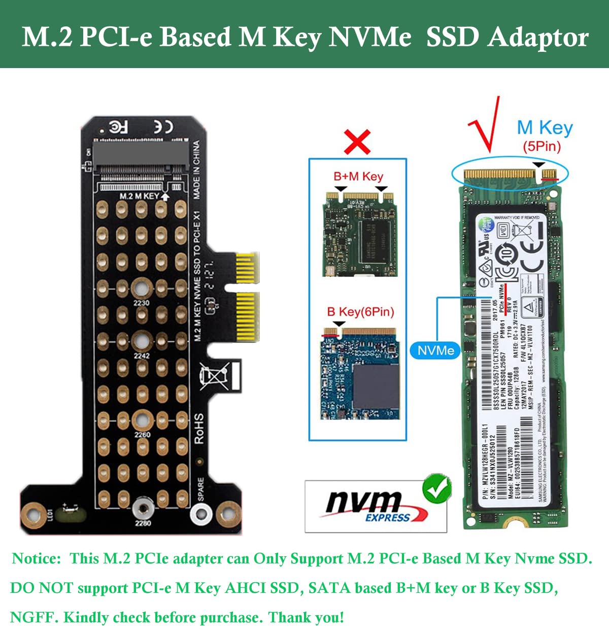 Verilux® NVMe Adapter, M.2 PCIE 4.0 x1 Adapter, M.2 NVME to PCIE 4.0 Adapter Card for M.2 (M Key) 2230, 2242, 2260, 2280 Size M.2 NVME SSD, Support PCIe x1 x4 x8 x16 Slot, Adapter Graphic Card