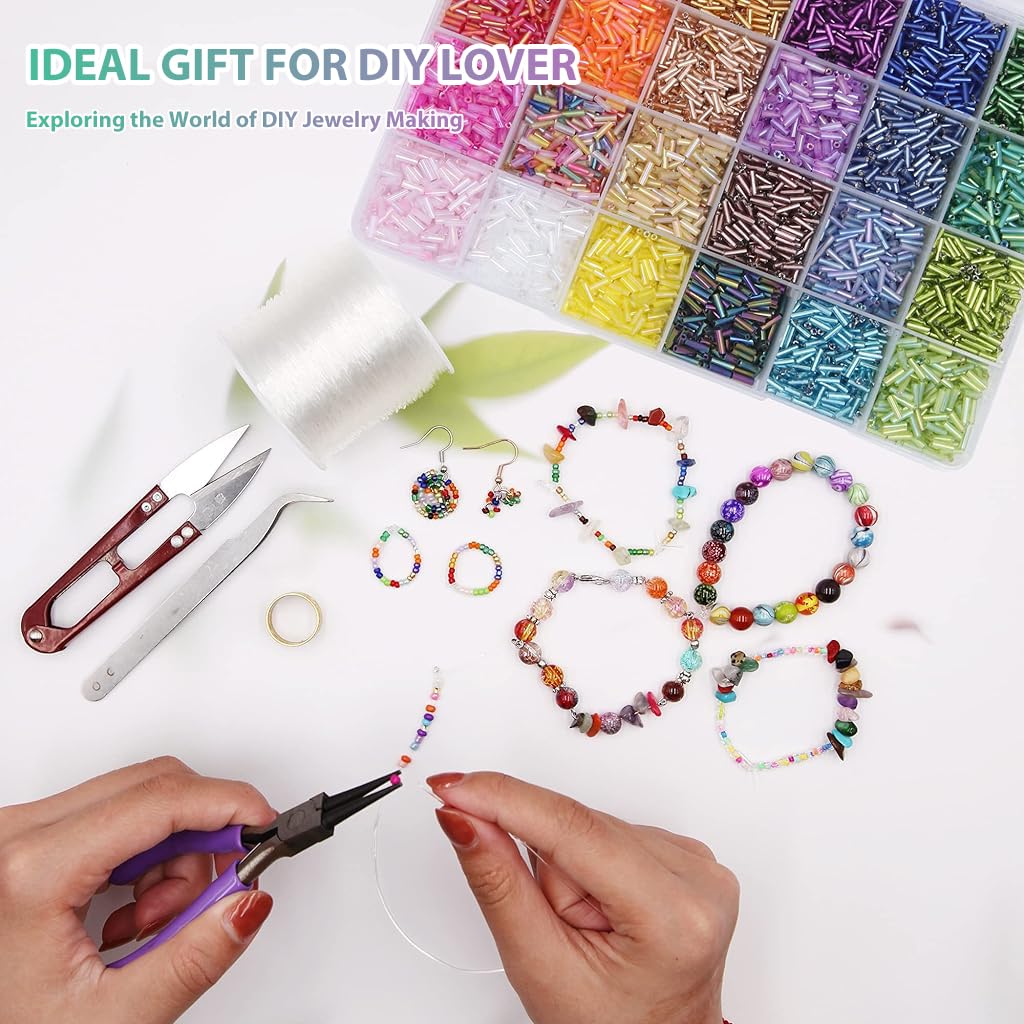 Venzina Tube Beads Kit for DIY Jewelry Making with 5000 pcs 2x6mm Beads in 24 Colors | Includes Charms and Letter Accessories