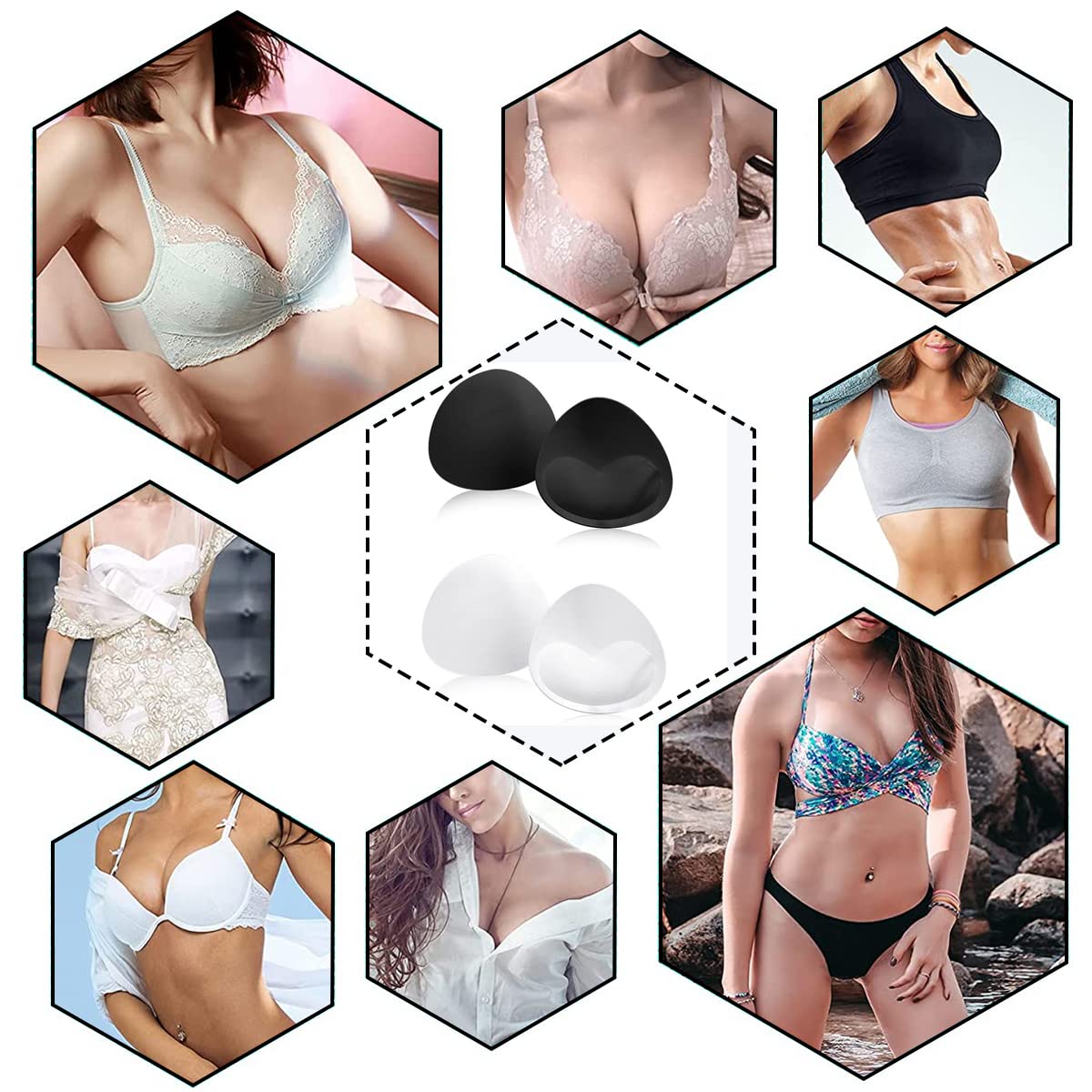 MAYCREATE 2Pairs Cotton Bra Pads, Inserts Bra Cups Replacement Bra Pads Women's Comfy Sports Cups for Sport Bra Bikini Bra, Black + White