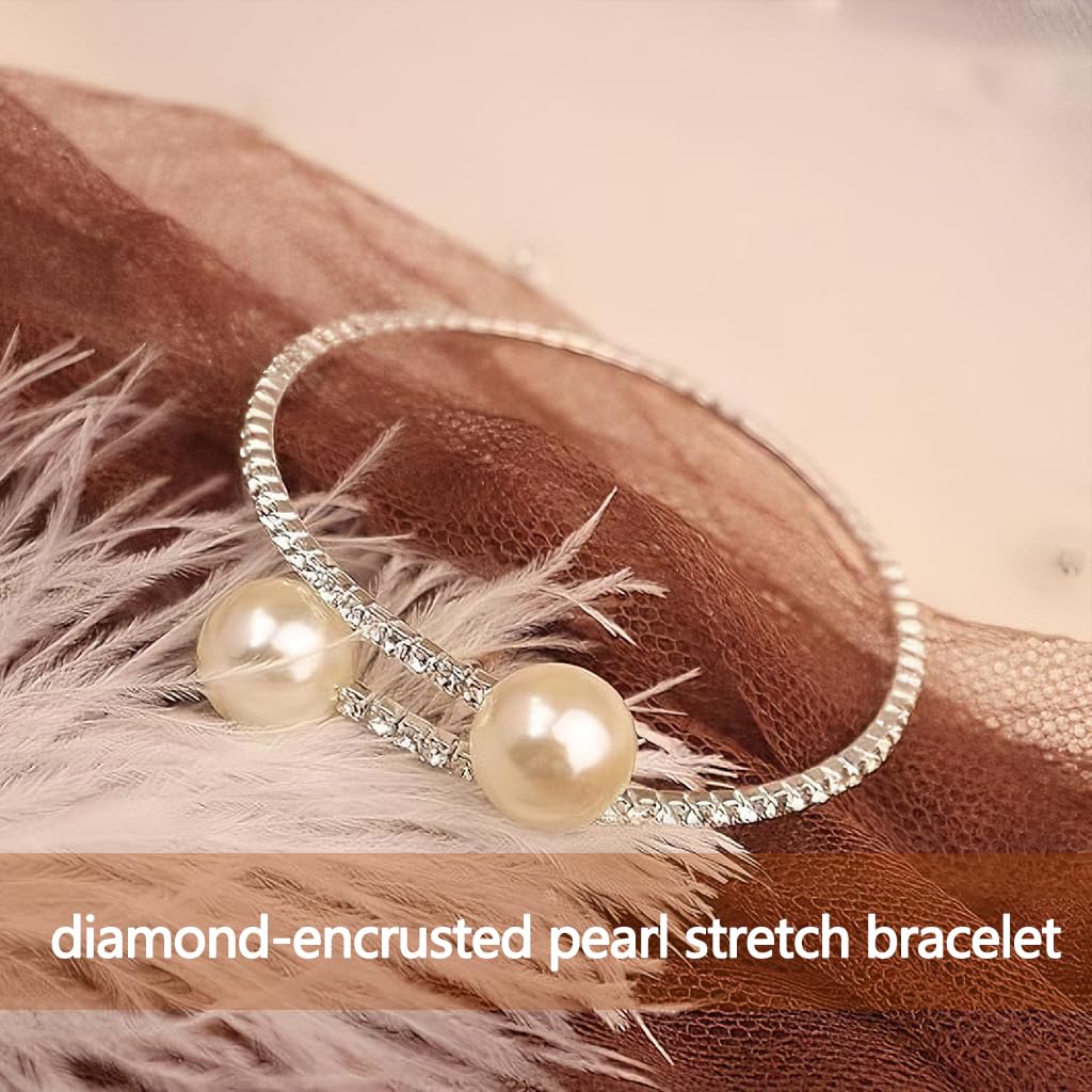 Zibuyu Pearl Bangle Bracelets for Women with Adjustable Cuff and Crystal Rhinestones | Elegant Bridal Jewelry Accessory