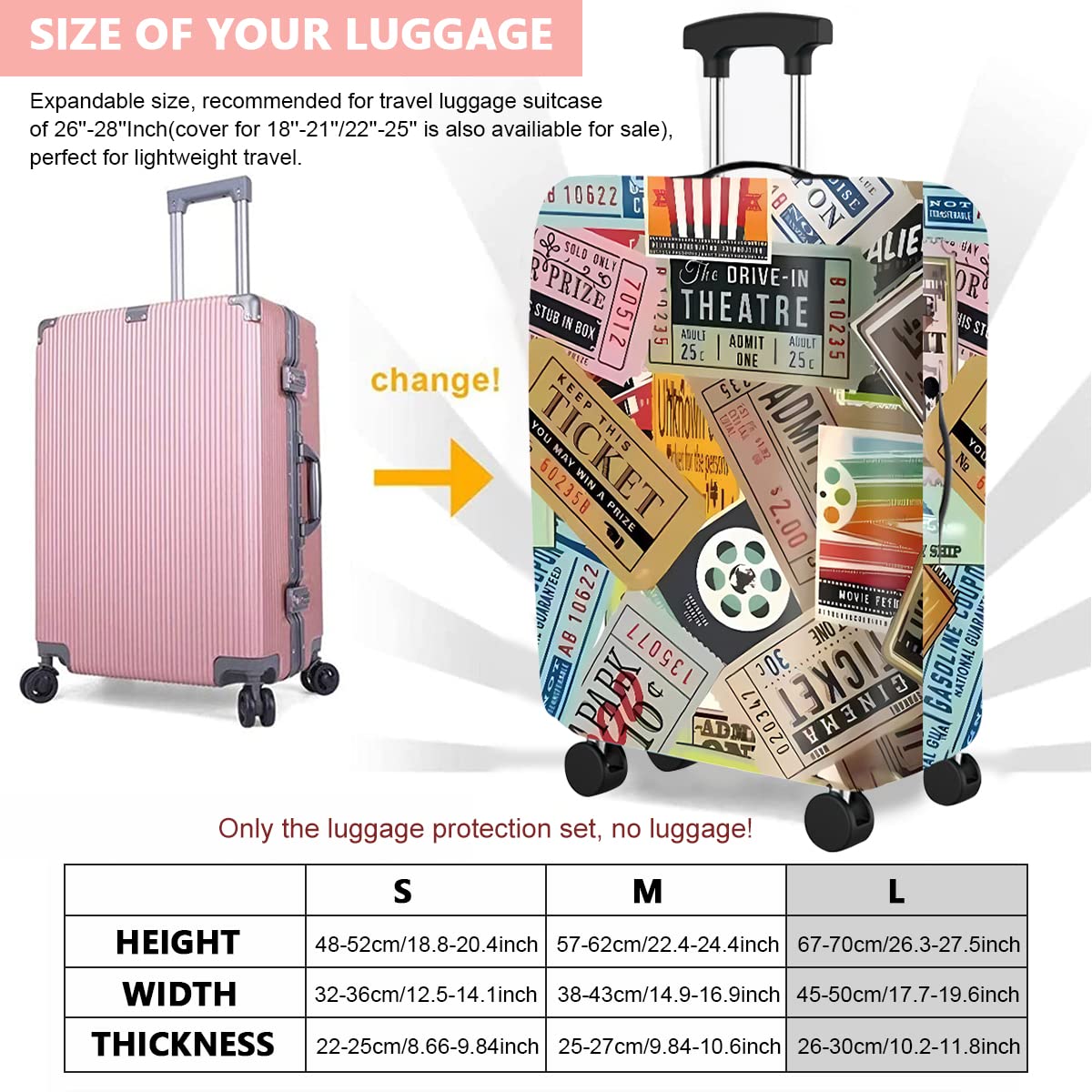 GUSTAVE® Luggage Cover Washable Suitcase Dust Cover Elastic Polyester Anti-Scratch Lightweight Suitcase Cover for 26''-28''Luggage, L