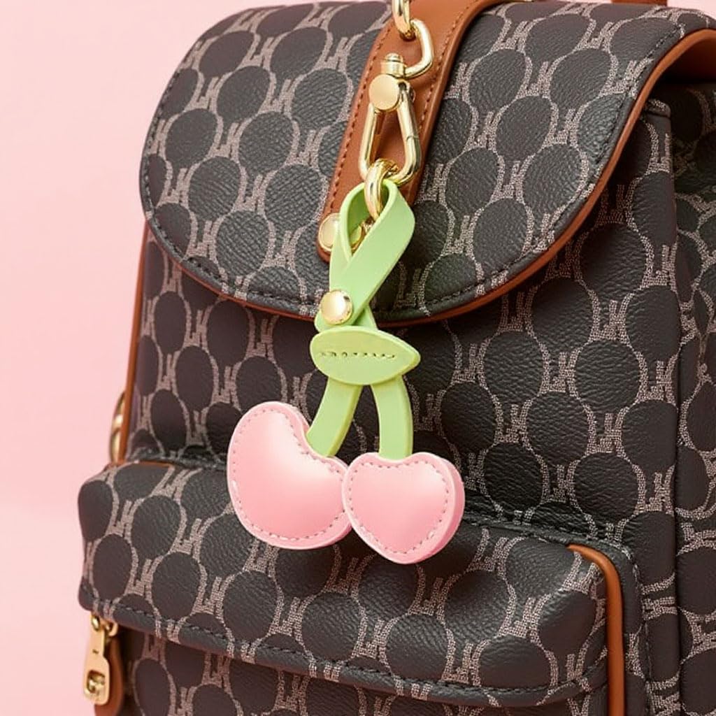 SANNIDHI Keychain for Handbags featuring Snap Button Closure with Pink PU Cherry Charm 7x11 cm | Cute Gift for Women and Girls