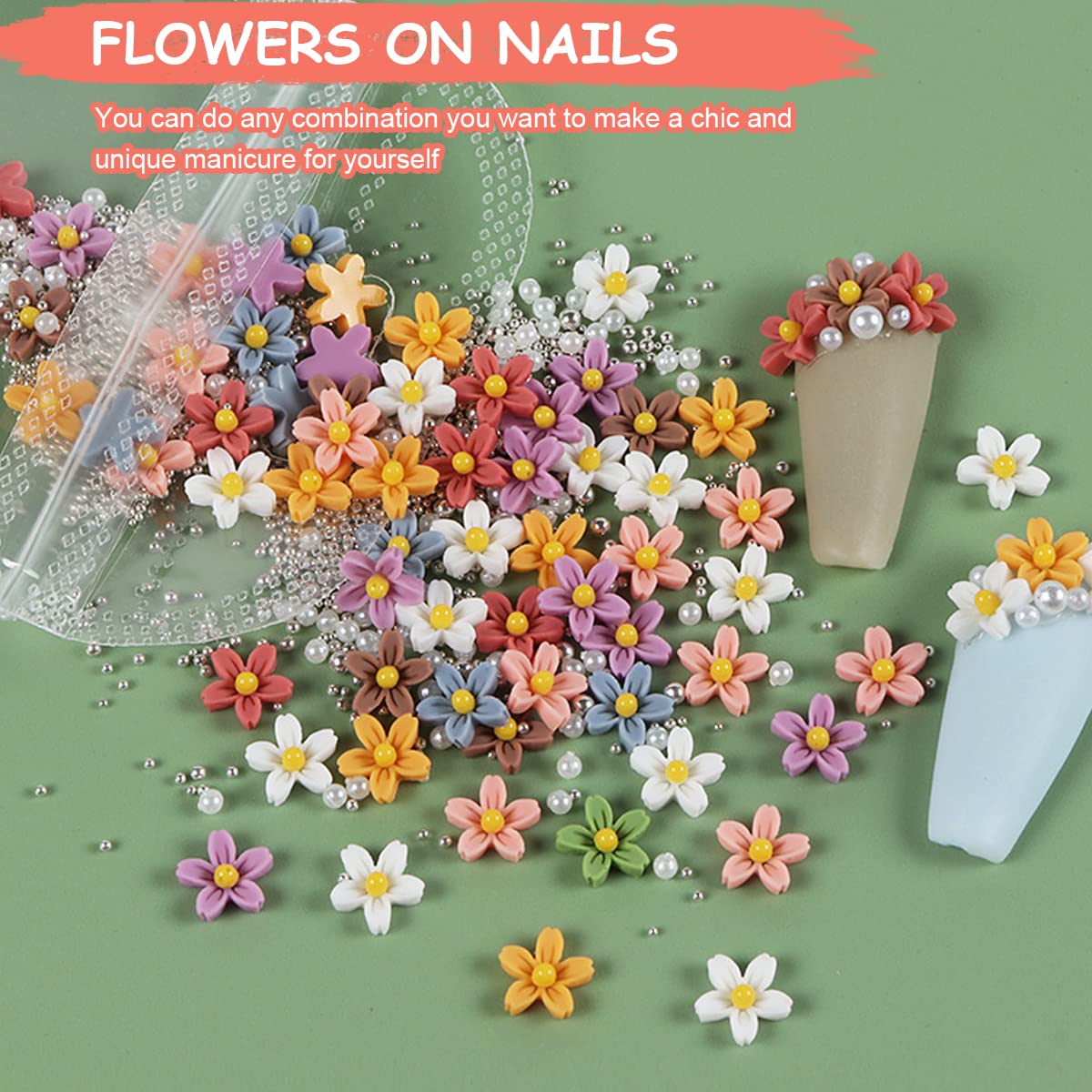 MAYCREATE® 3D Flowers for Nail Art Kit, 3D Acrylic Flower Nail Rhinestones with Silver Pearl Caviar Beads Spring Small Flores Nail Art Design for DIY Decoration