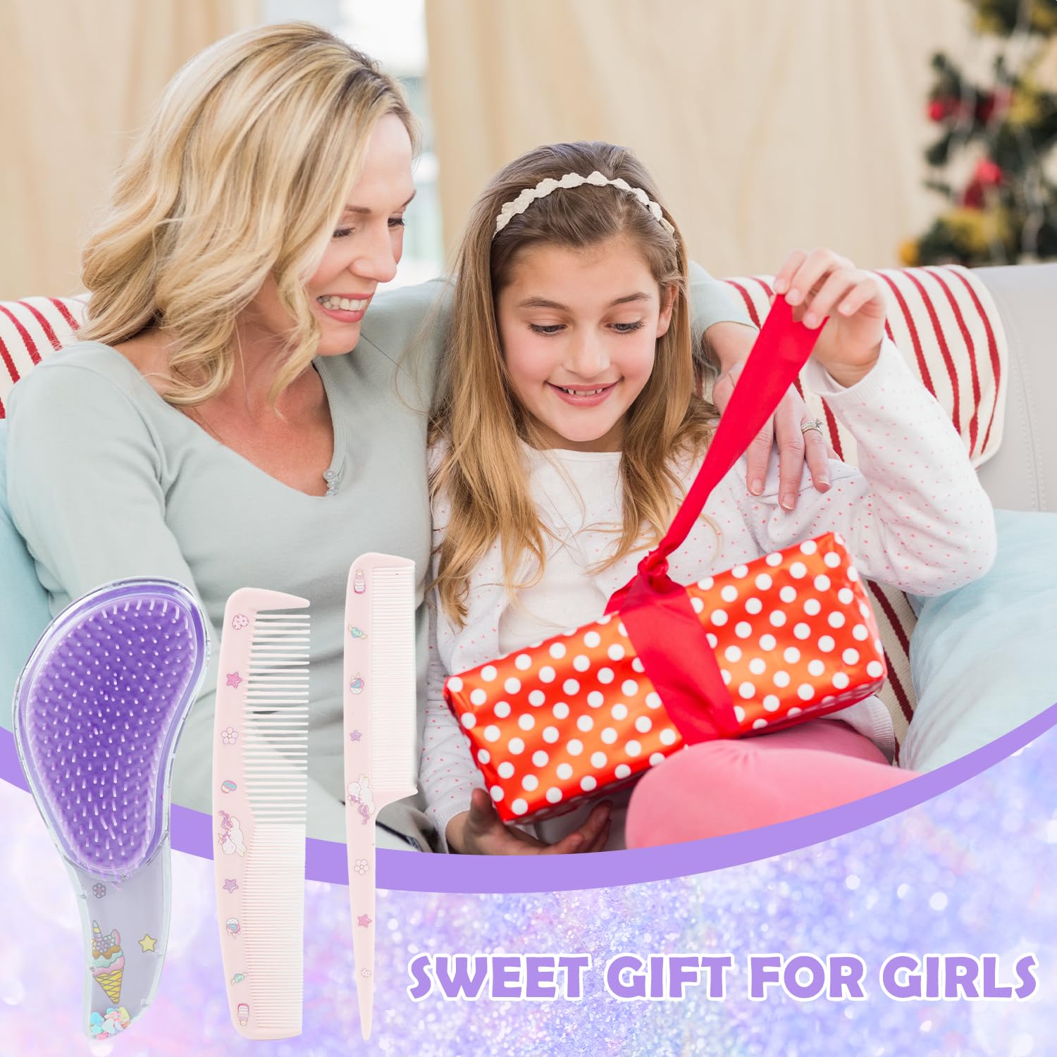 MAYCREATE Girls Hair Brush Set with 3 Pieces for Easy Detangling and Styling | Cute Unicorn Design