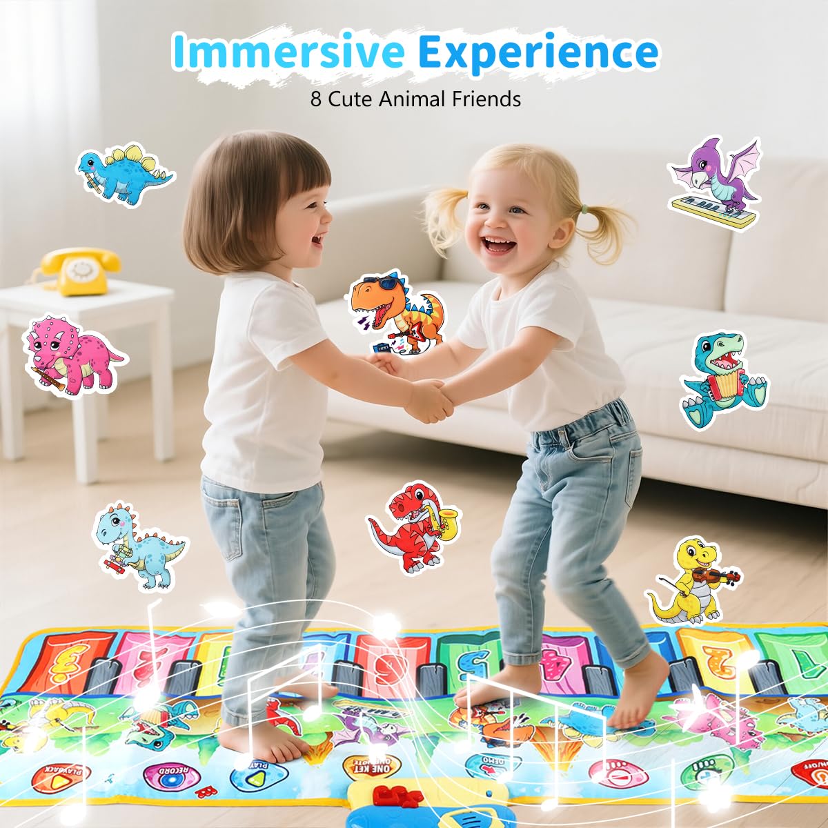 PATPAT Dinosaur Piano Keyboard Musical Mat for Kids with 10 Sounds and 43.3x14.2 in Size | Educational Gift for 1–6 Year Olds