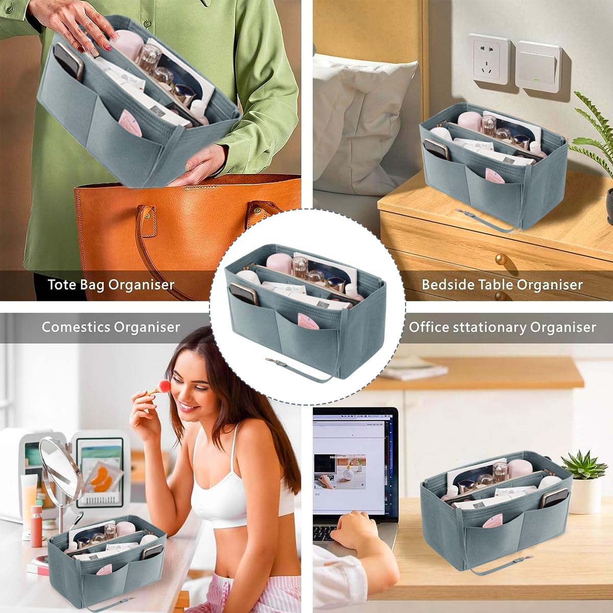 MAYCREATE Women Felt Purse Organizer Insert for Handbag featuring Multi Pocket Design and Detachable Zipper Pouch 26×14×15cm Grey