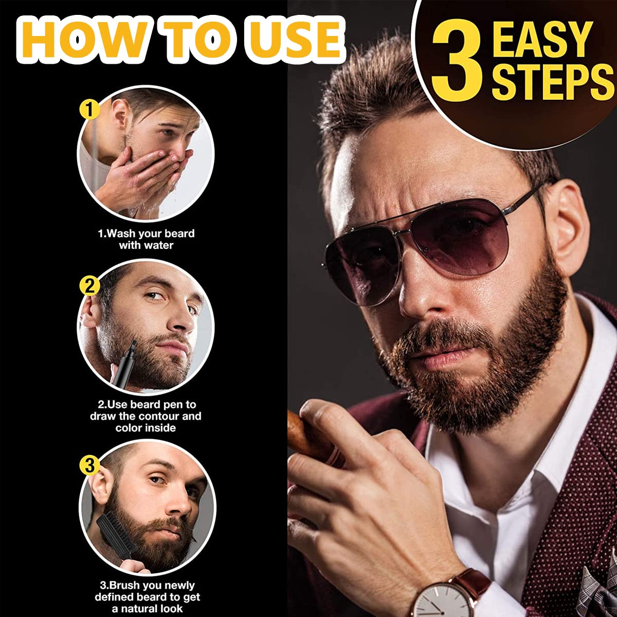 MAYCREATE Beard Pencil Filler with 2 Pen Nibs and Brush for Natural Beard Shaping | Black