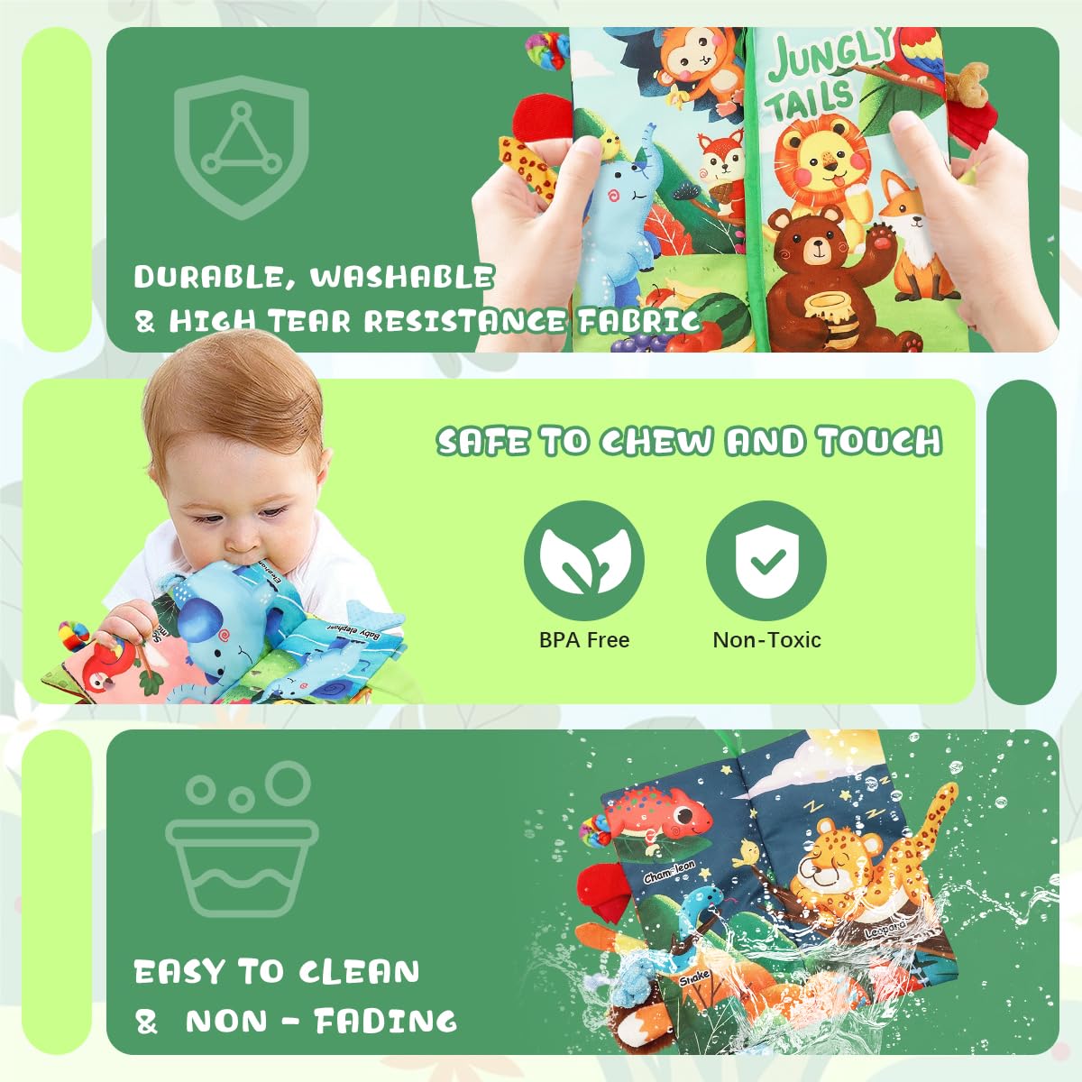 SNOWIE Soft Jungle Tails Cloth Book for Babies 6–12 Months with 12 Textures & Crinkle Sound