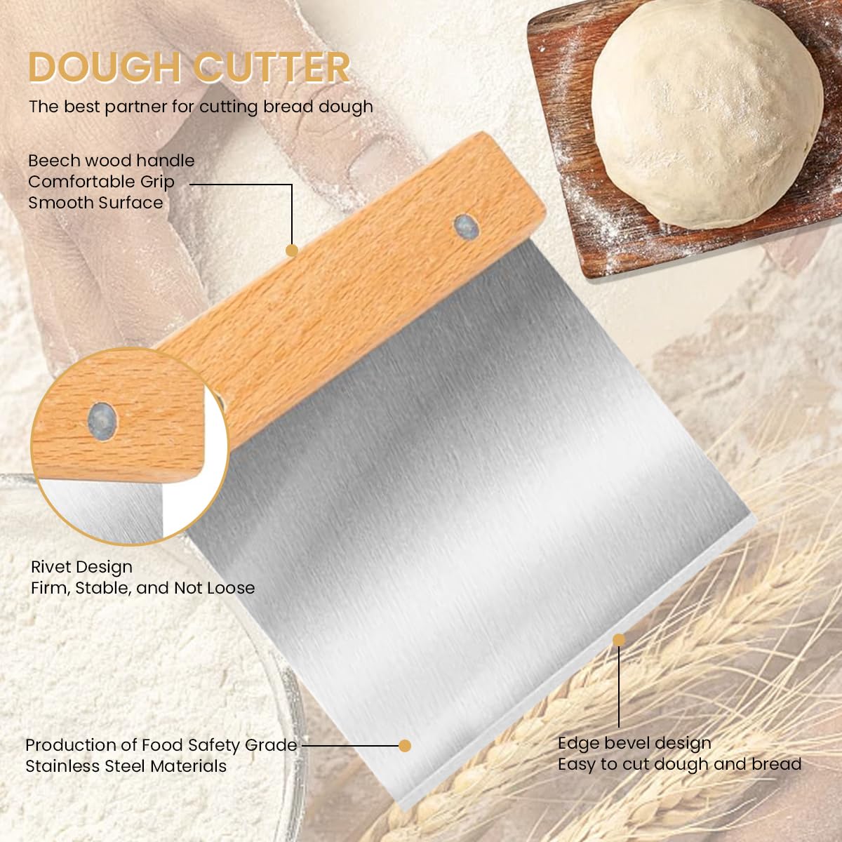 Supvox® 4Pcs Danish Dough Whisk - Bread Whisk Set, Bread Making Tools and Supplies Sourdough Bread Whisk Dutch Whisk for Dough with Dough Scraper Bread Cutter Blades