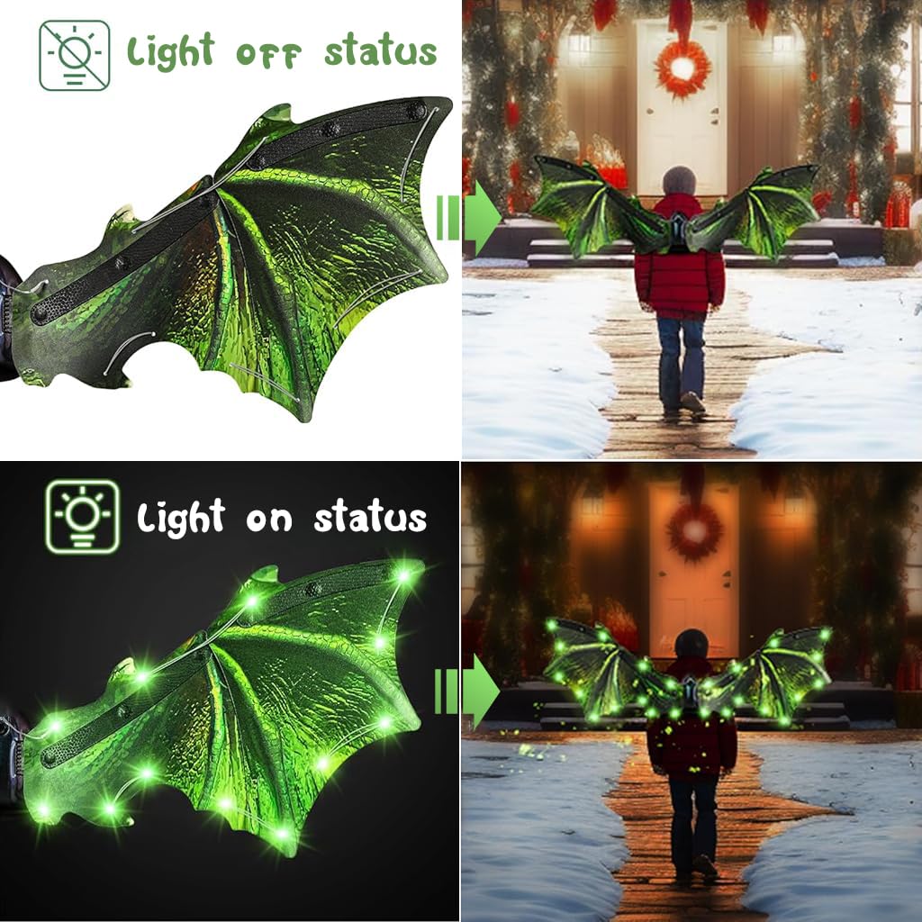 PATPAT Electric Dinosaur Wings for Kids with LED Light and Music featuring Motorized Flap | Green Halloween Costume for Boys and Girls